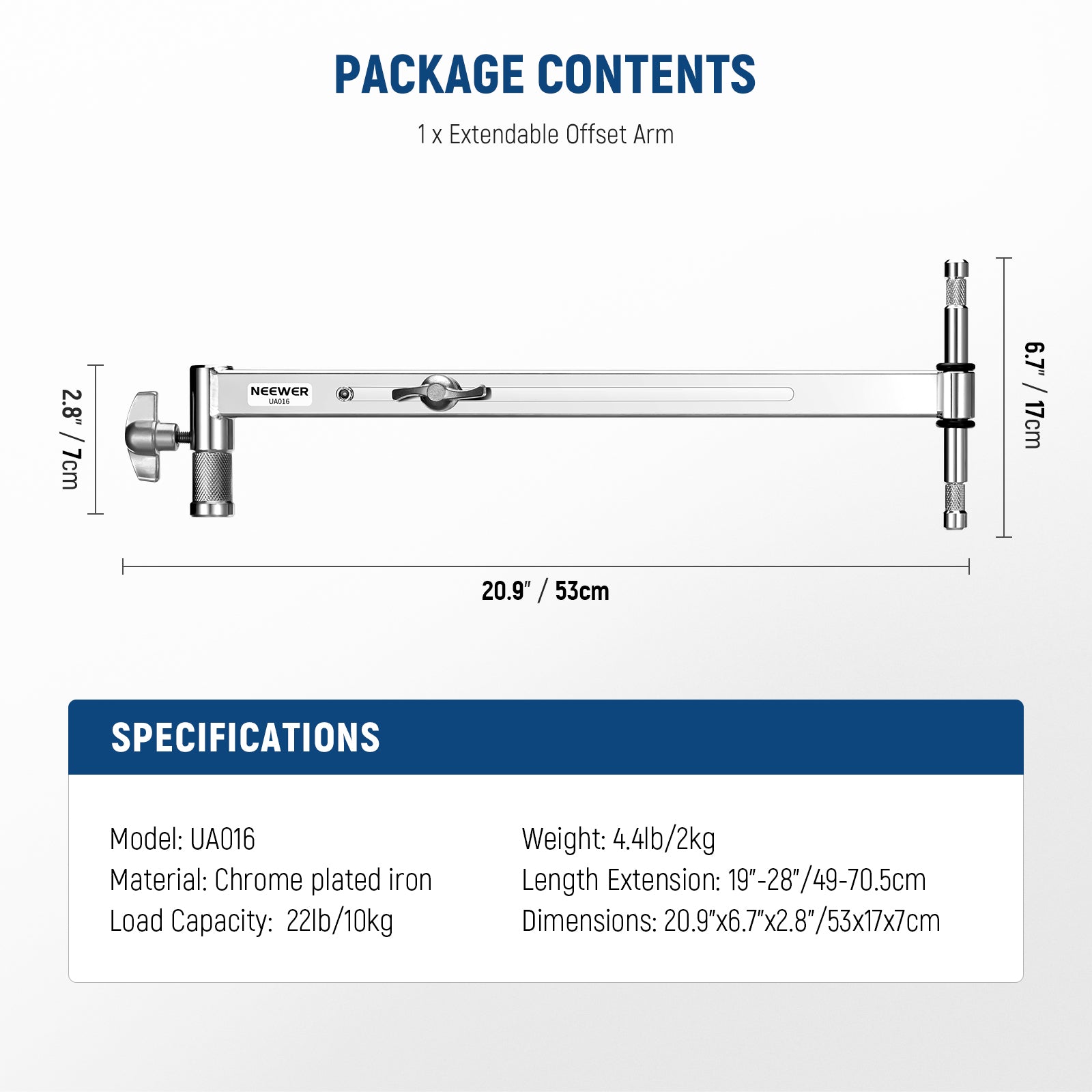 Package Contents of the NEEWER UA016 Offset Arm with 5/8" Baby Pins