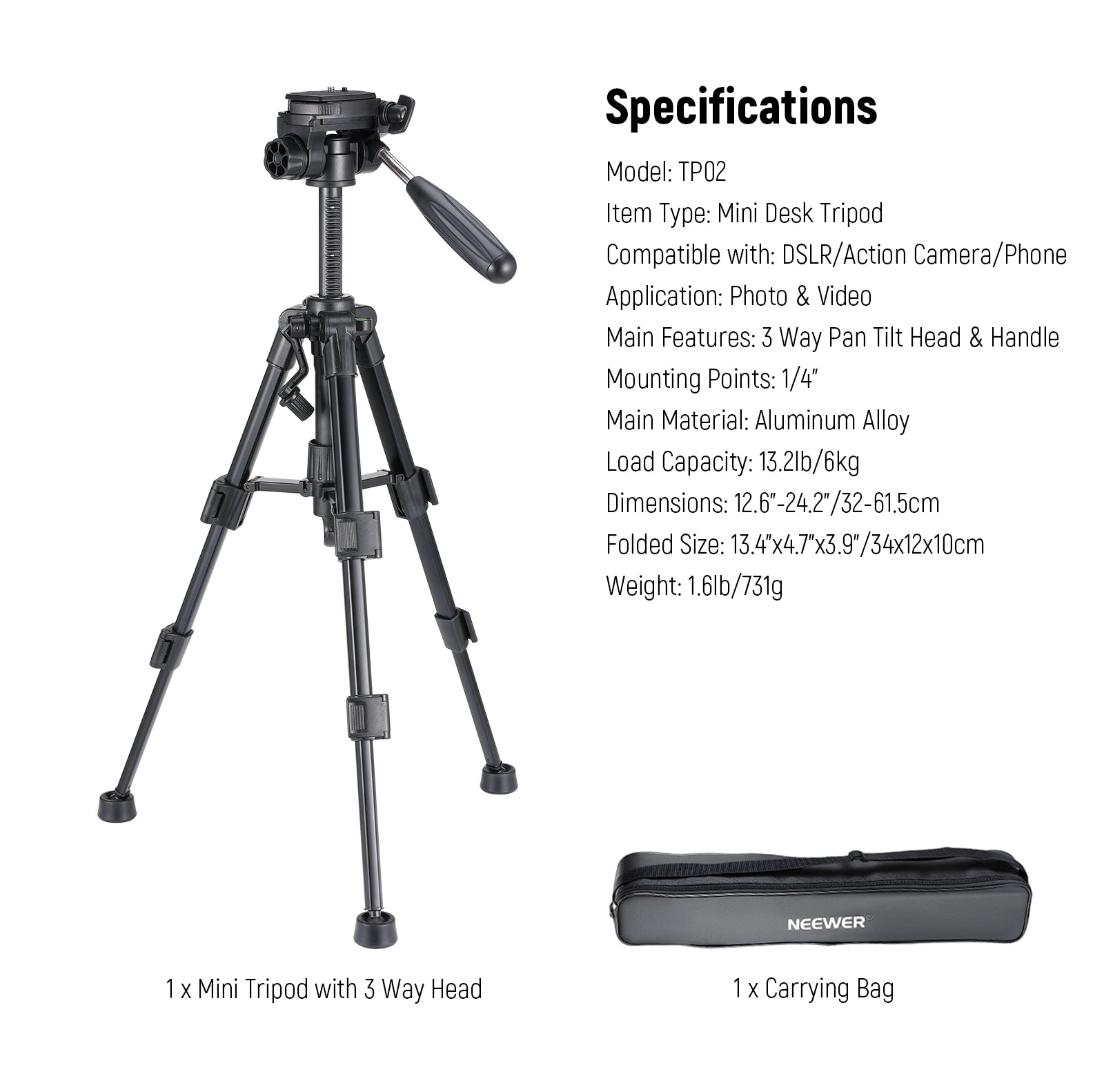 Specifications of the NEEWER BASICS TP02 Desktop Mini Tripod