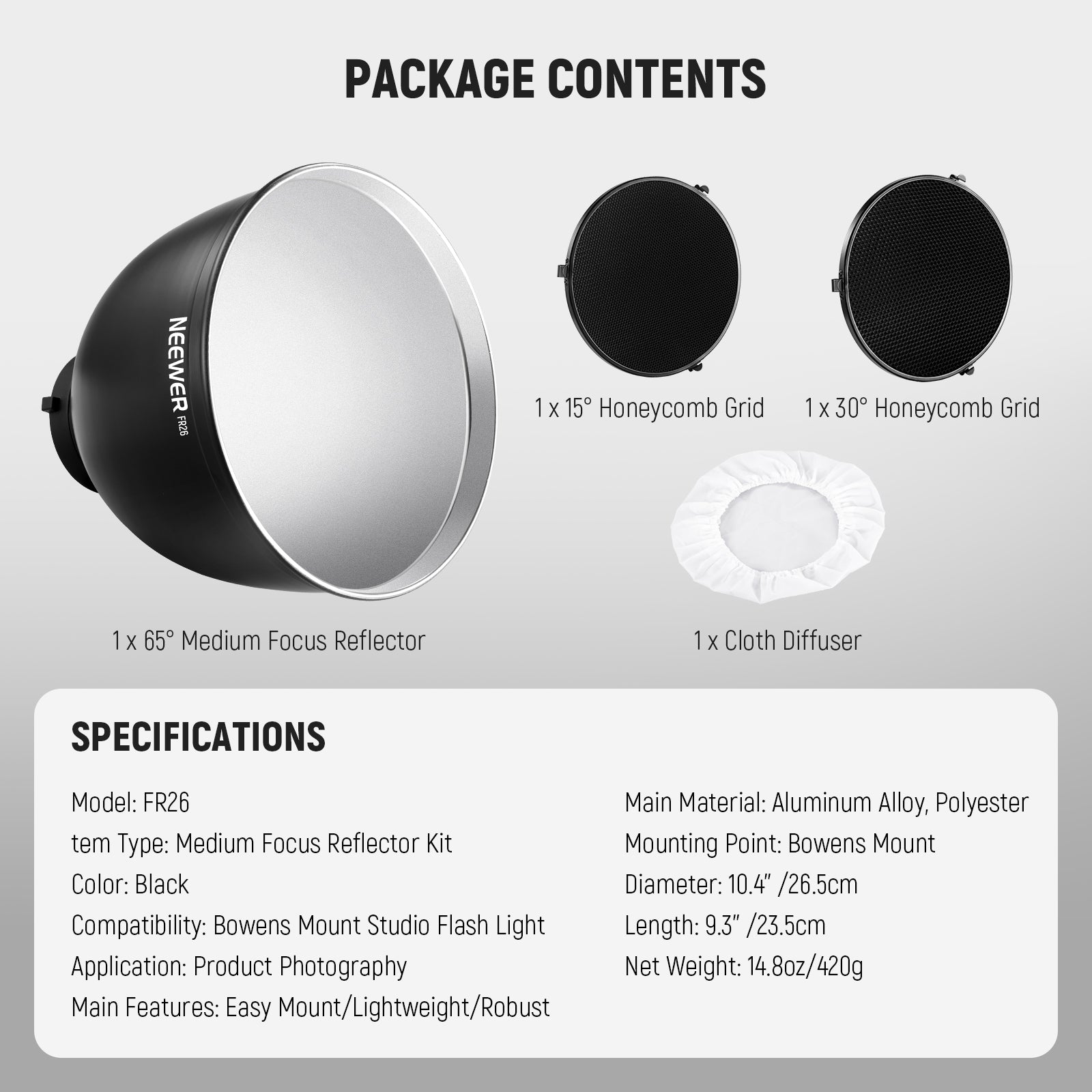 Package Contents of the NEEWER FR26 10.4″ Medium Focus Reflector Bowens Mount Kit
