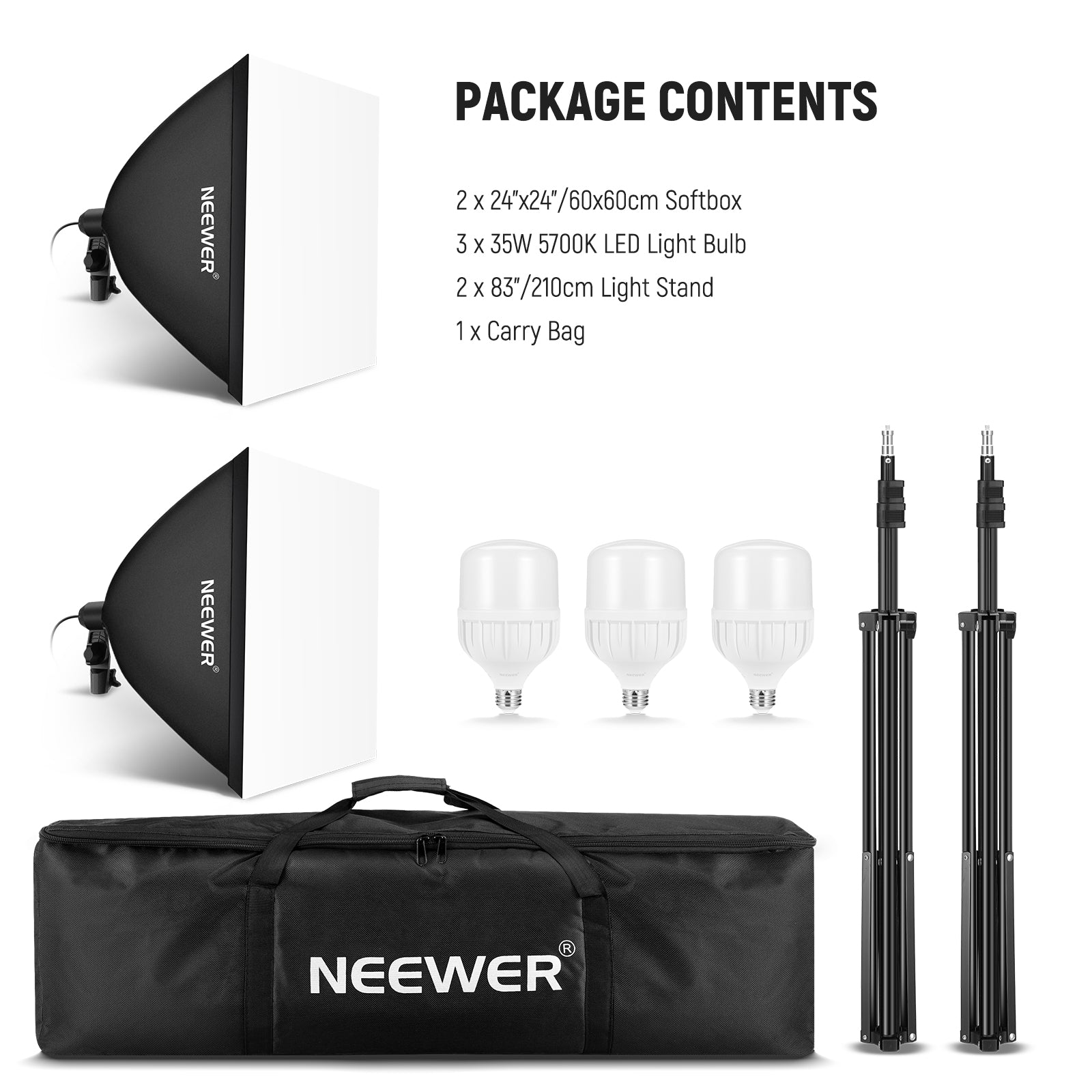 Package Contents of the NEEWER NK200 24x24" Photography Softbox Kit(with 3 Pack Bulbs)