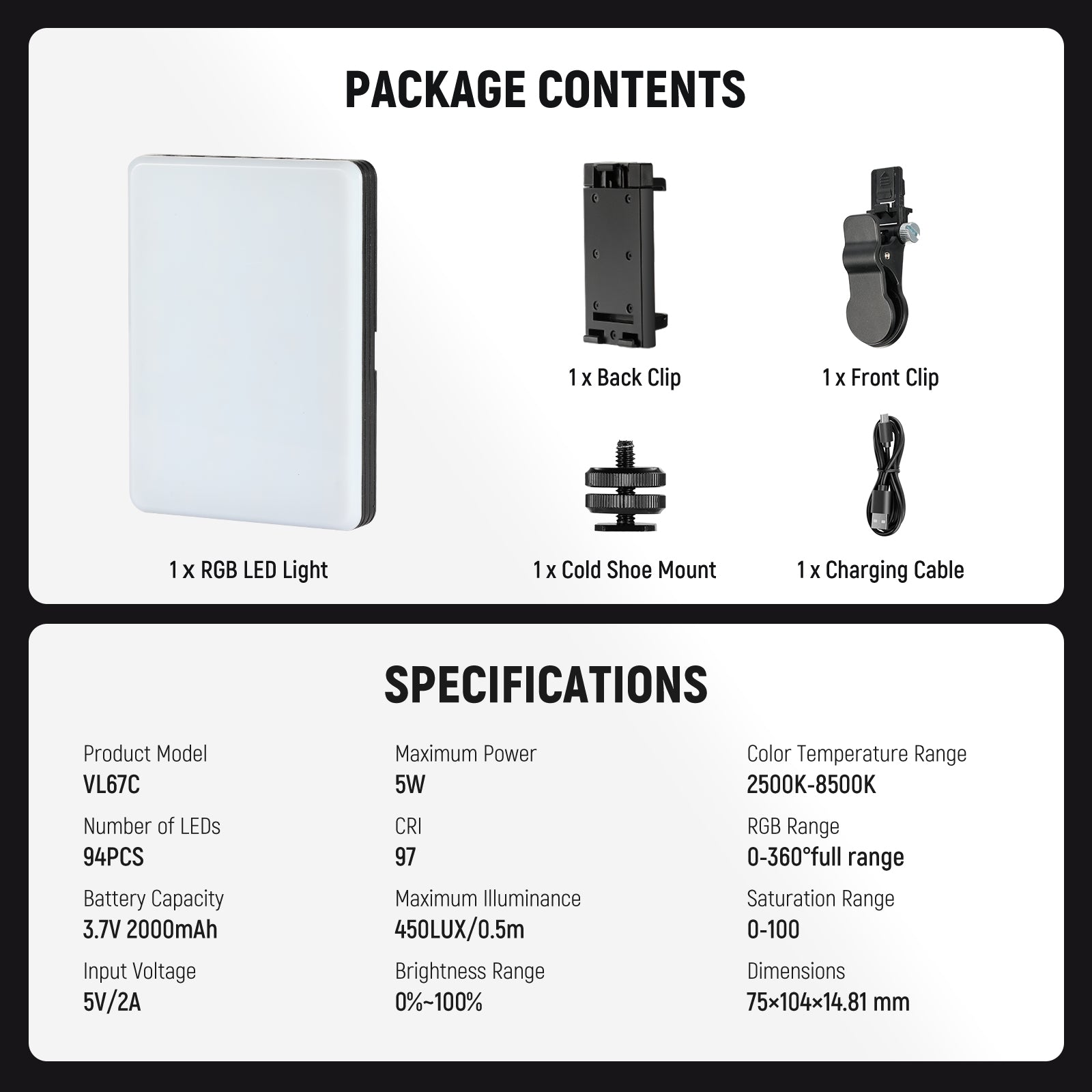 Package Contents of the NEEWER VL67C Phone Selfie Light