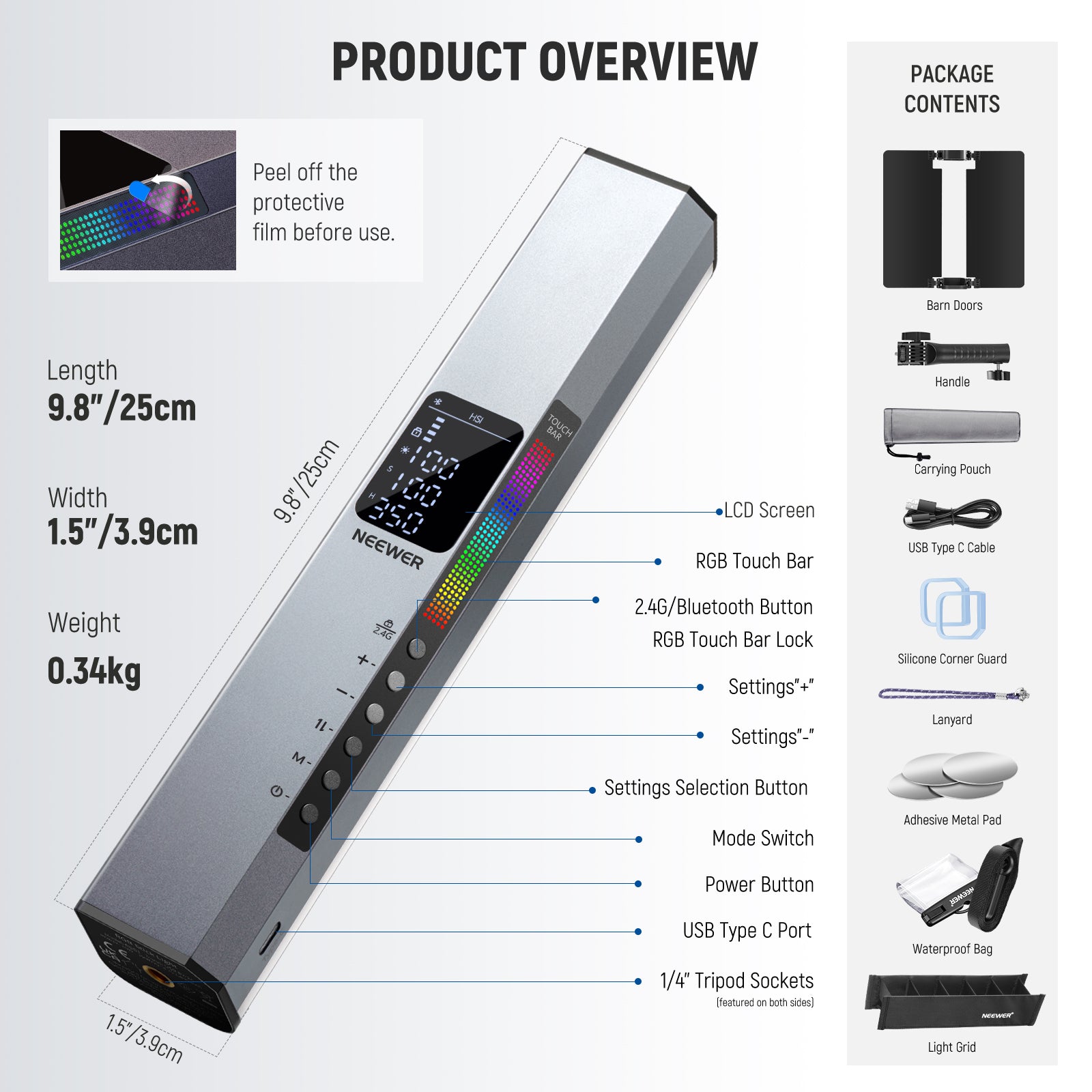 Product details of the NEEWER RGB1 LED Tube Light Stick with Metal Barndoor Handle