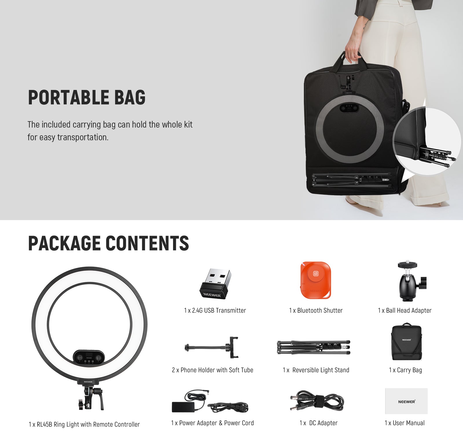 Package Contents of the NEEWER RL45B 45W 18" Slim Edge Lit Ring Light Kit