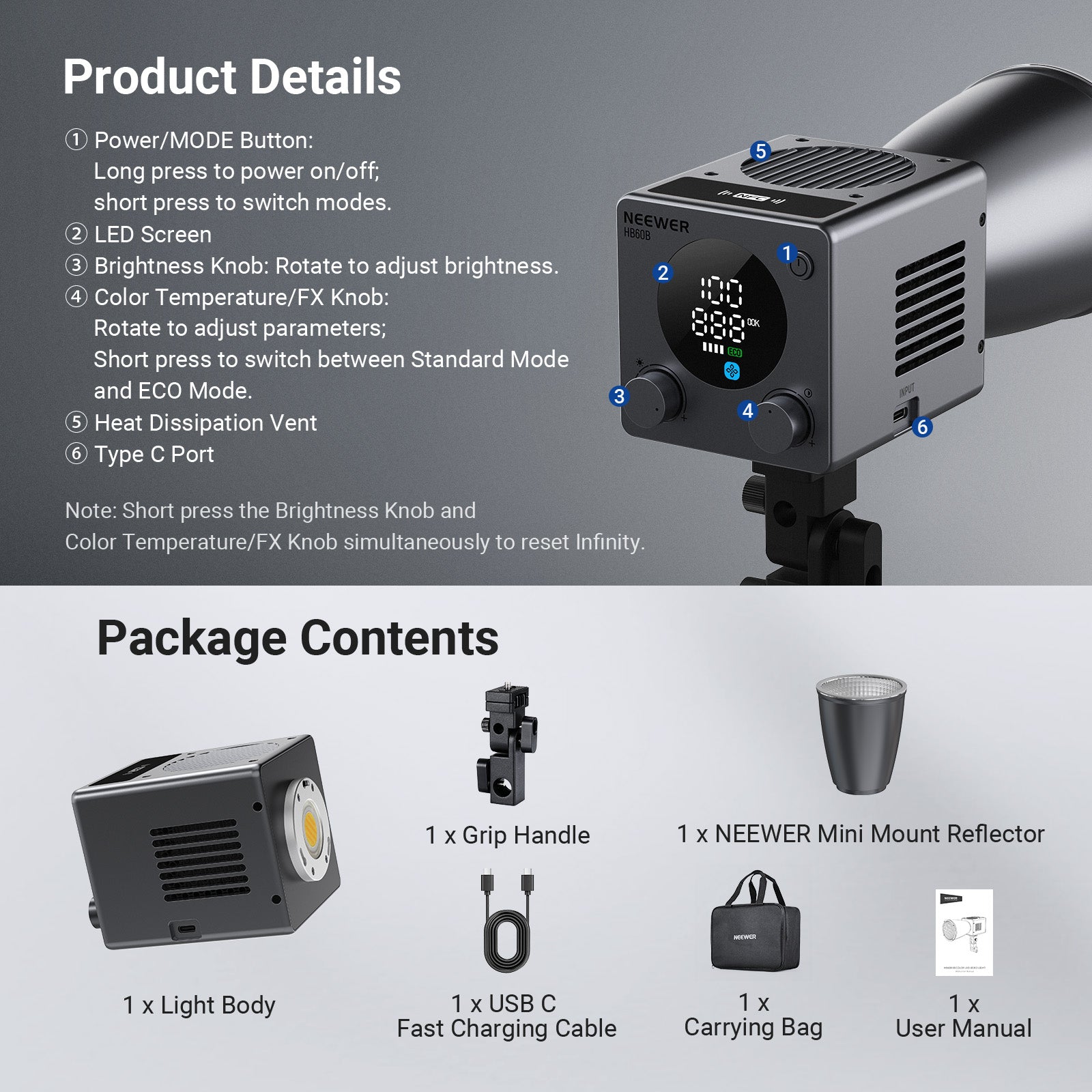 This package includes an LED Video Light, grip handle, mini reflector, and more.