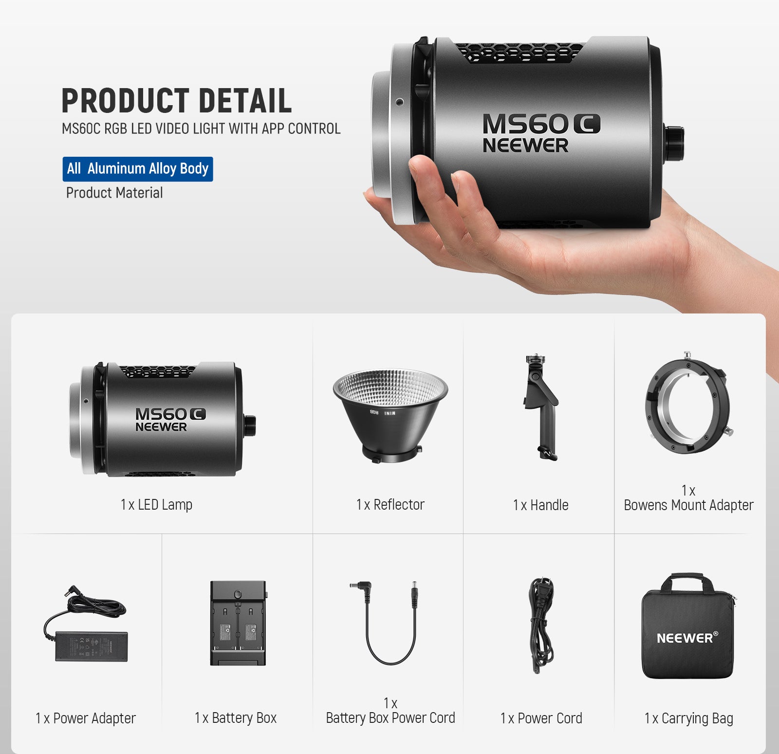 Product details of the NEEWER MS60C RGB LED Light for Video