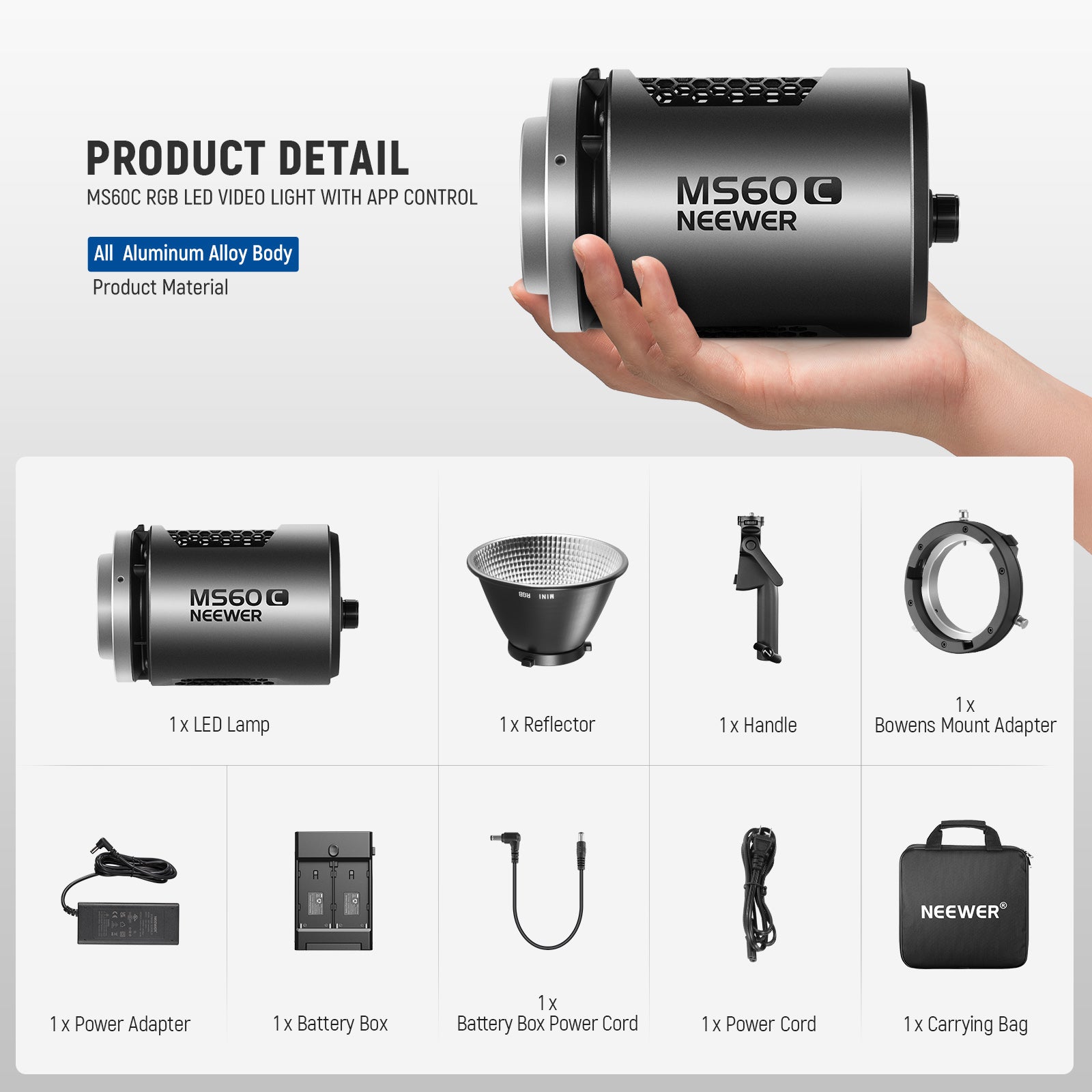 Product details of the NEEWER MS60C RGB LED Light for Video