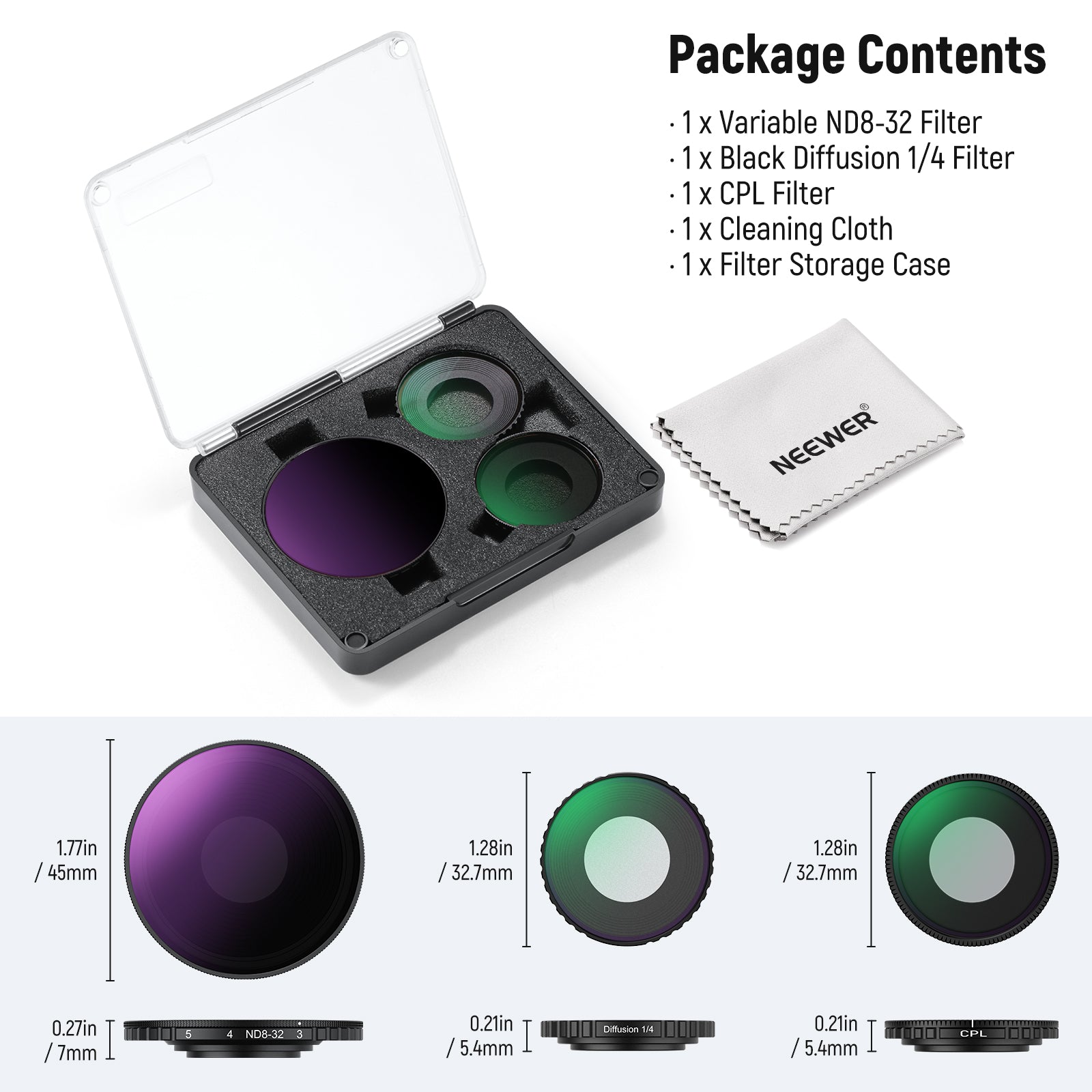 This package includes a variable ND8-32 filter, a black diffusion 1/4 filter, and a CPL filter.