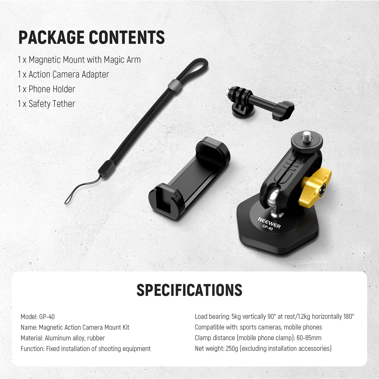 Package Contents of the NEEWER GP-40 Magnetic Action Camera Mount Kit