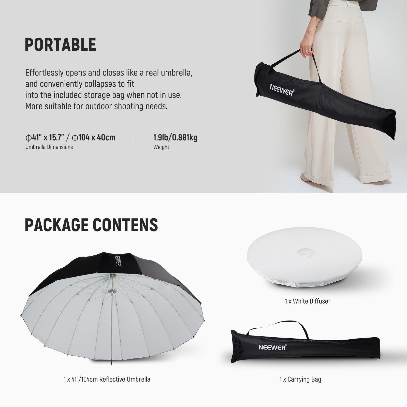NEEWER NS1U Photography Umbrella with Diffuser is portable.