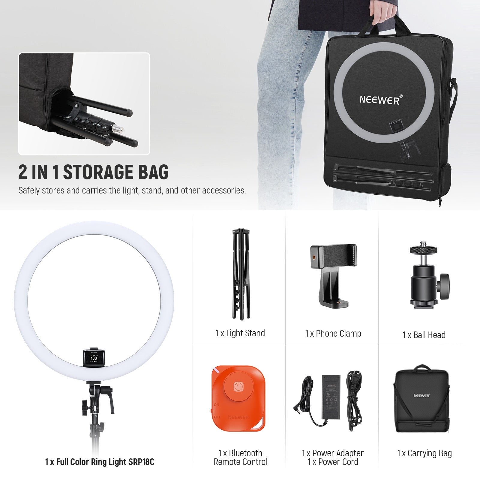 Package Contents of the NEEWER SRP18C RGB LED Ring Light Kit