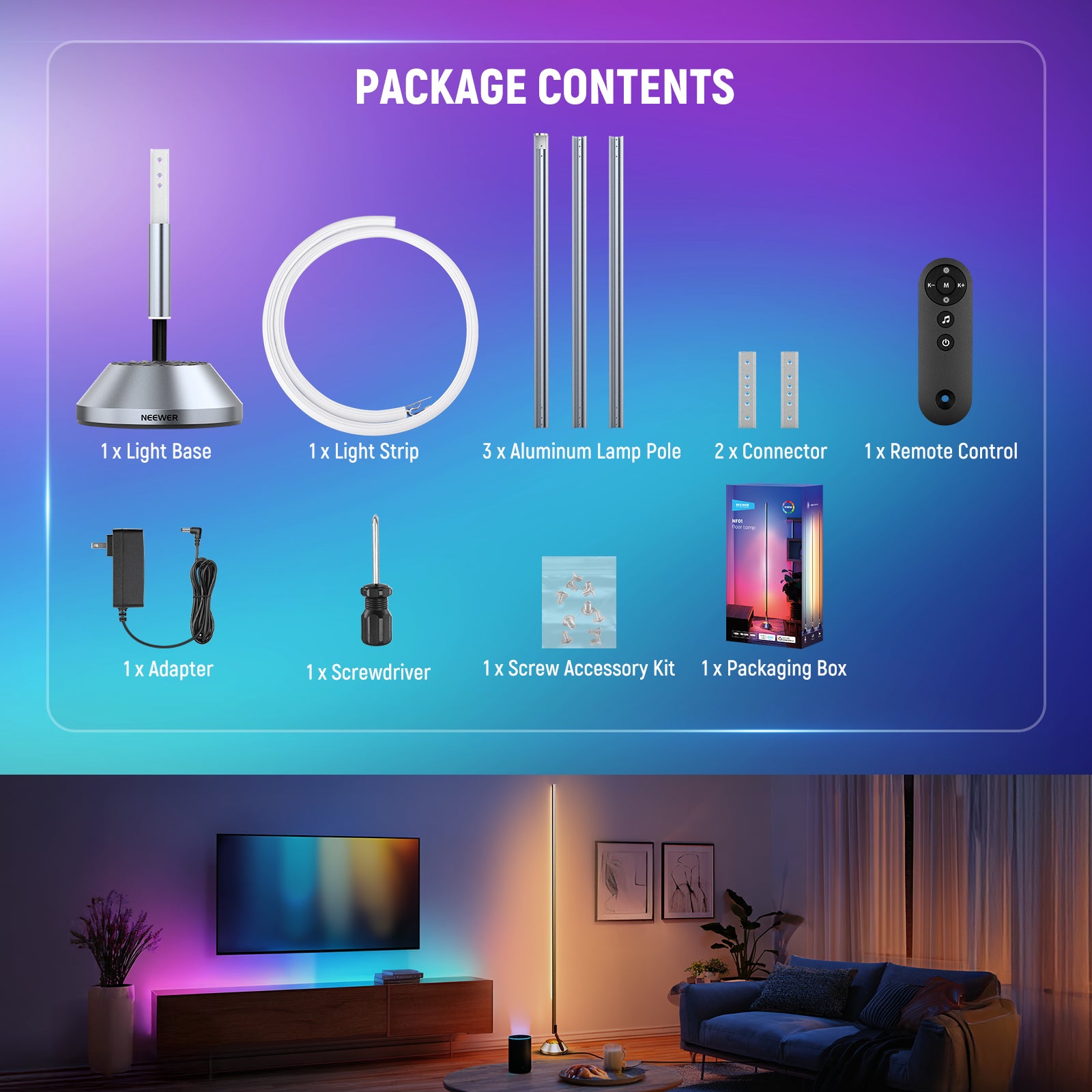 Package Contents of the NEEWER NF01 RGBW Smart Floor Lamp
