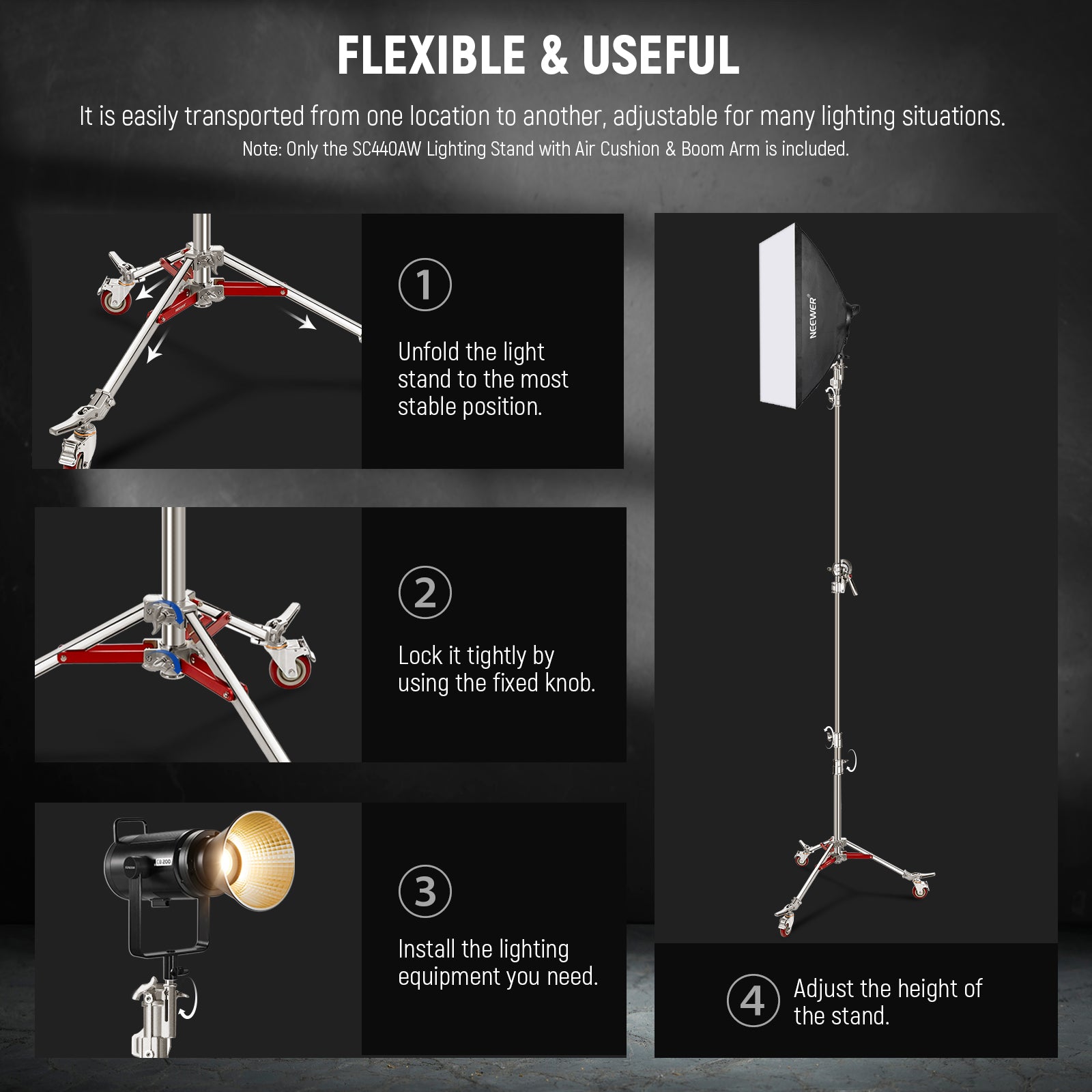NEEWER SC440AW 14.4ft C Stand on Wheels is flexible and useful.