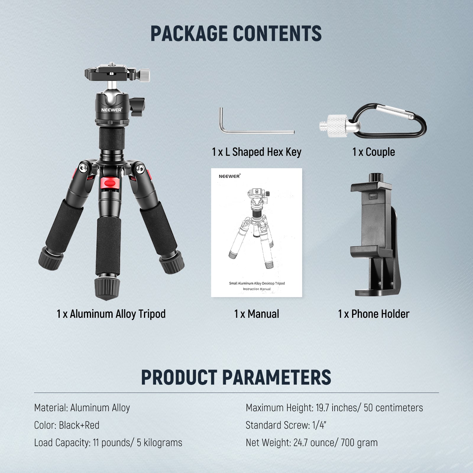 Package Contents of the NEEWER M521 20" Aluminum Alloy Mini Camera Tripod with Phone Holder kit