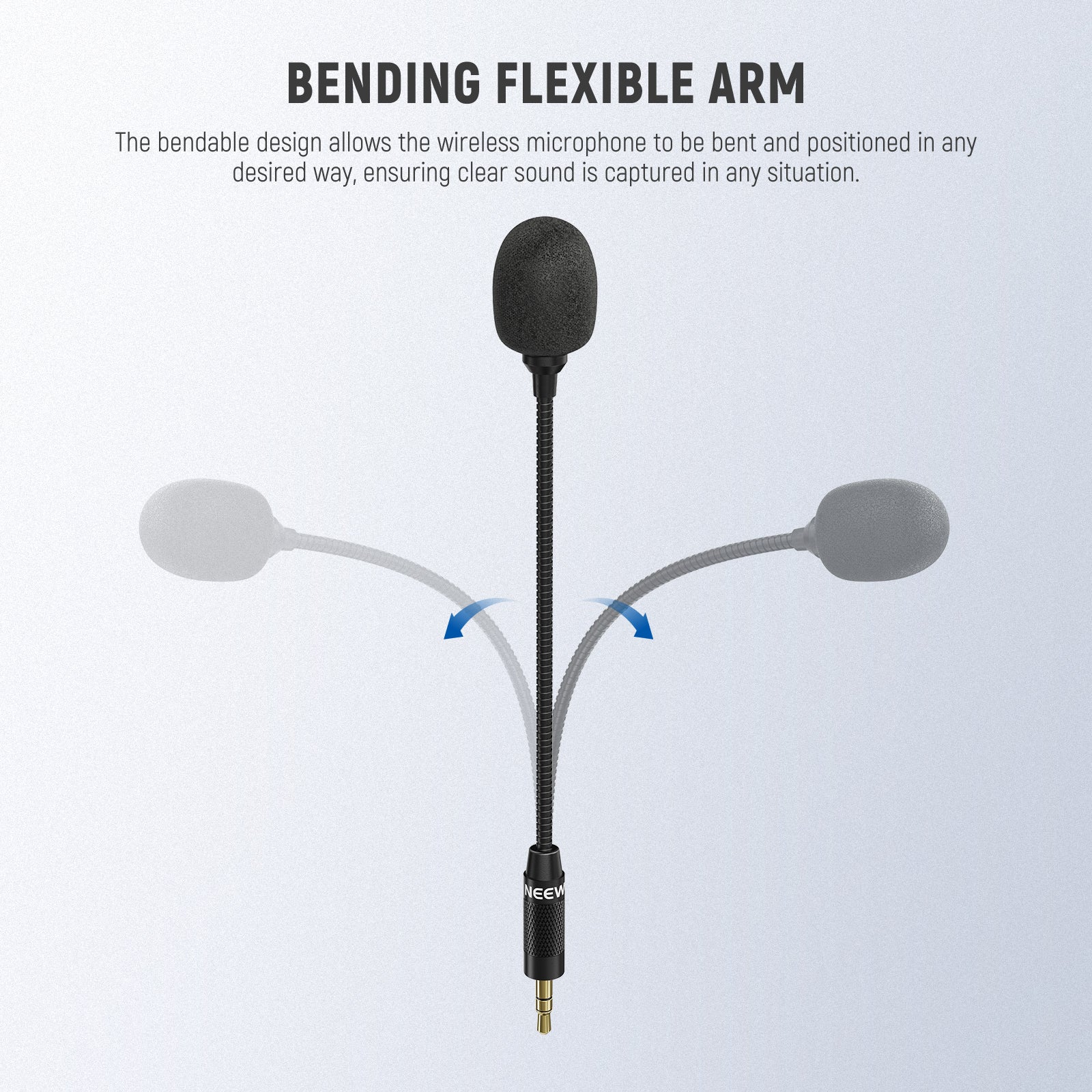 Condenser Mic's bendable design allows the wireless microphone to bend and position itself any way it needs to