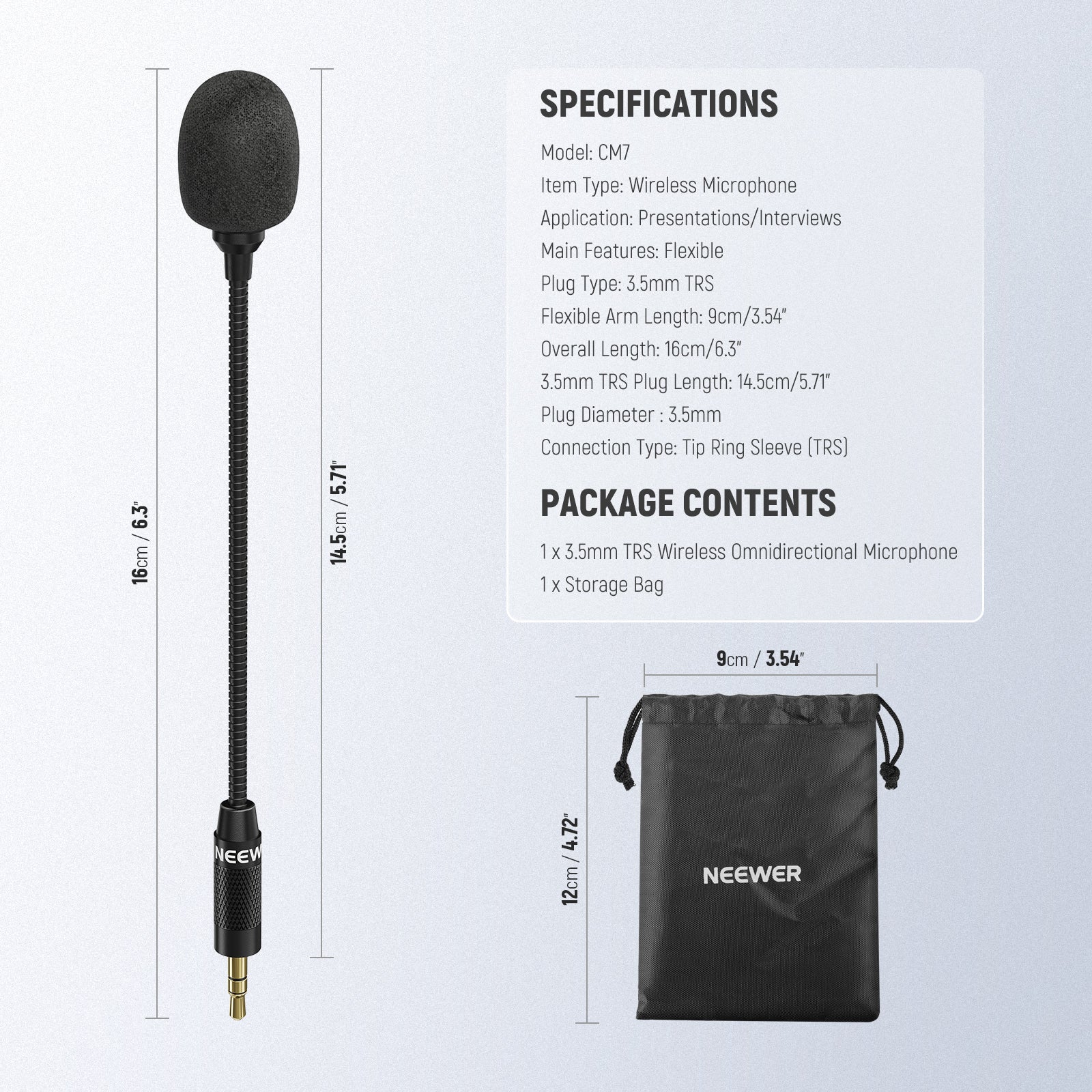 Specifications of the NEEWER CM7 3.5mm TRS Omnidirectional Condenser Microphone