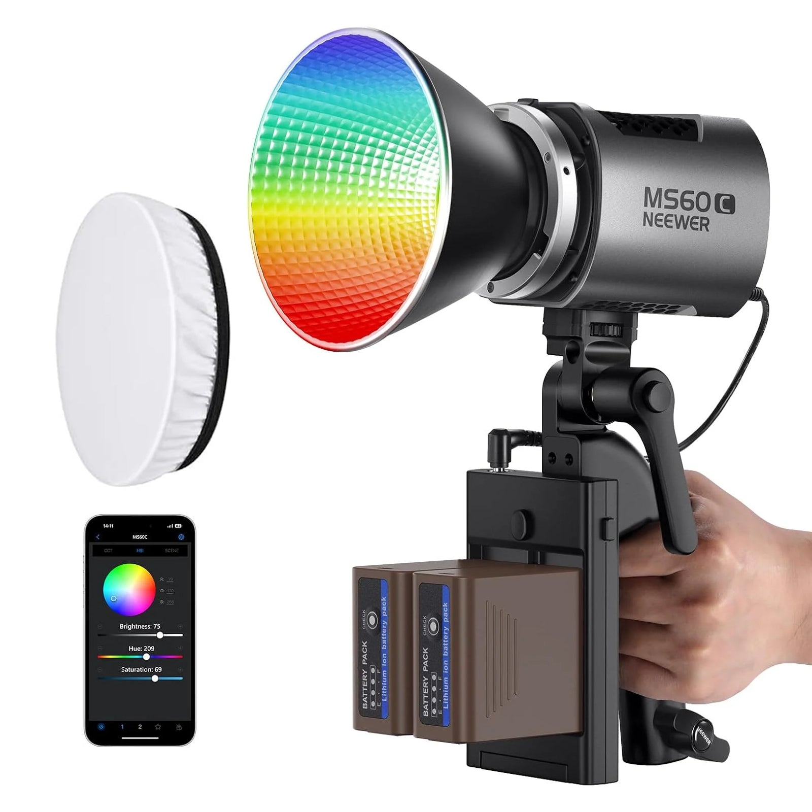 NEEWER MS60C LED Video Light with Diffuser&Battery Kit