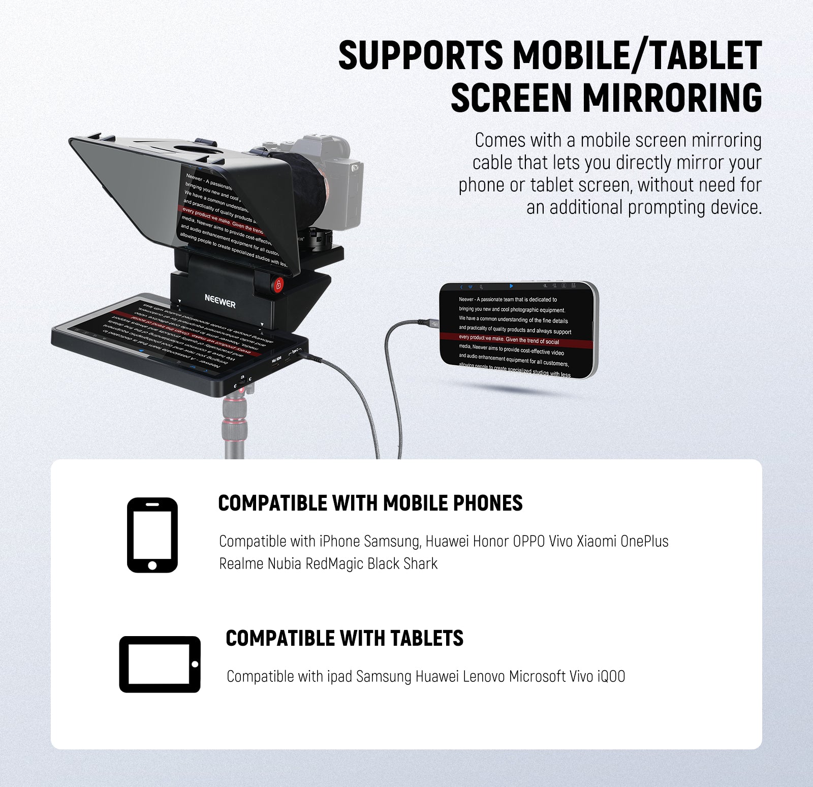 NEEWER X11 2-In-1 Pro Teleprompter features a mobile screen mirroring cable.