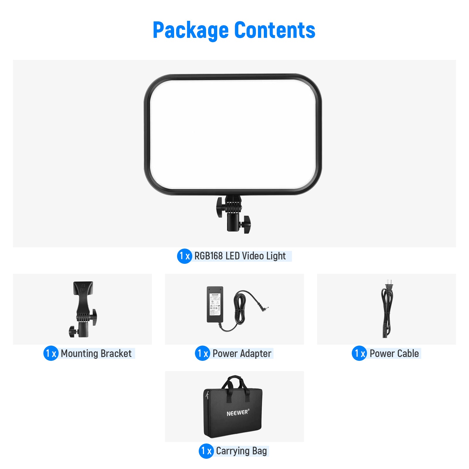 Package Contents of the NEEWER RGB168 RGB Video Light