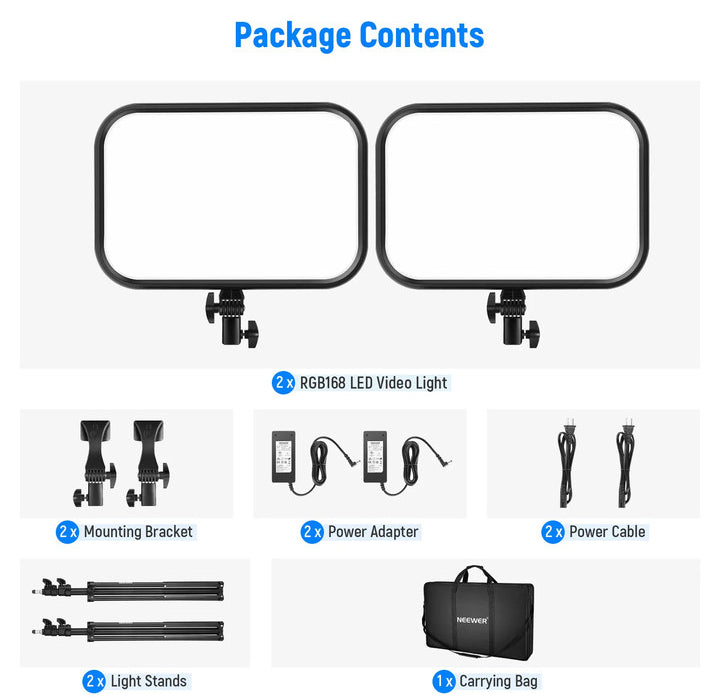 Package Contents of the 2 Pack NEEWER RGB168 LED Panel Light Kit