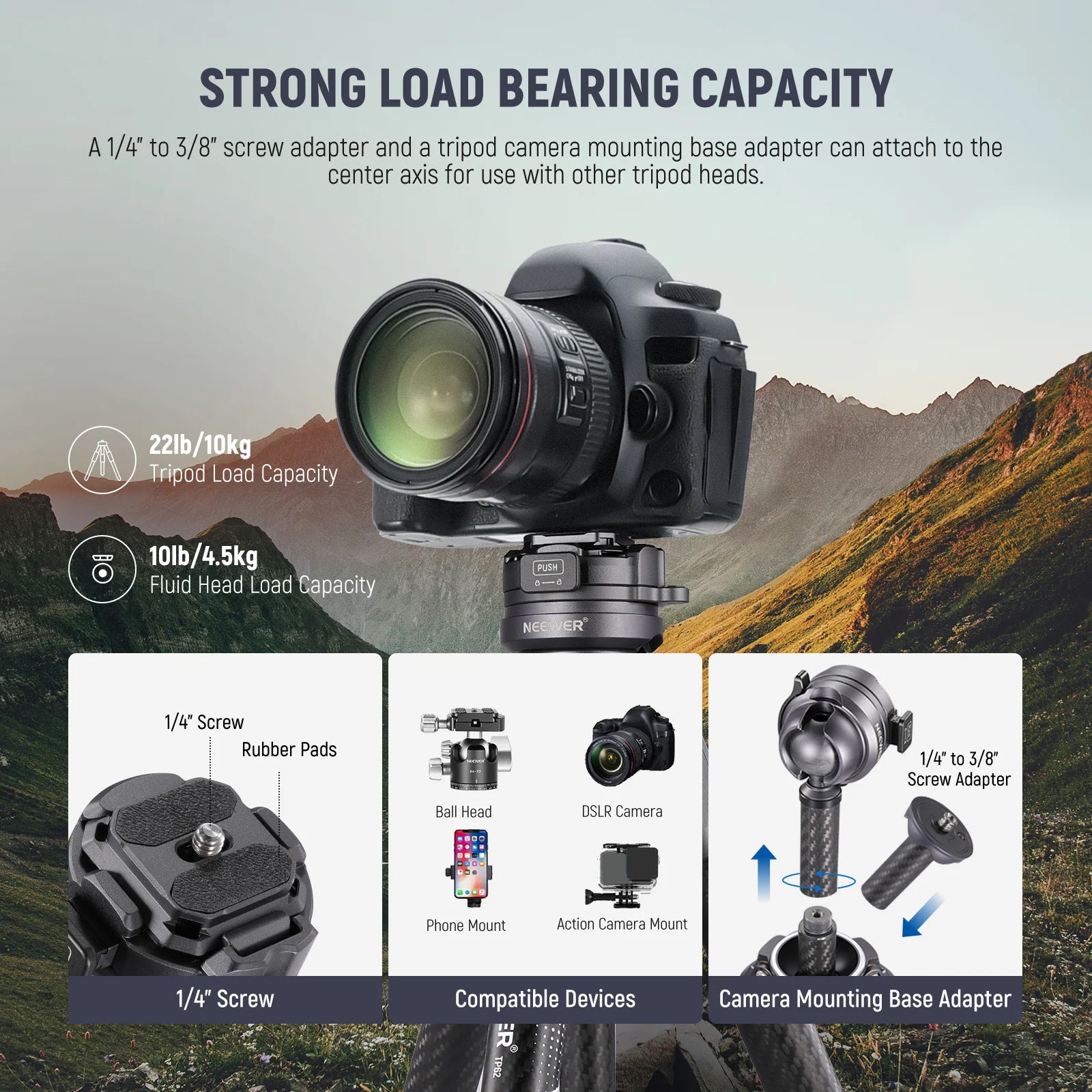 NEEWER LT32 Carbon Fiber Travel Tripod offers strong load bearing capacity.