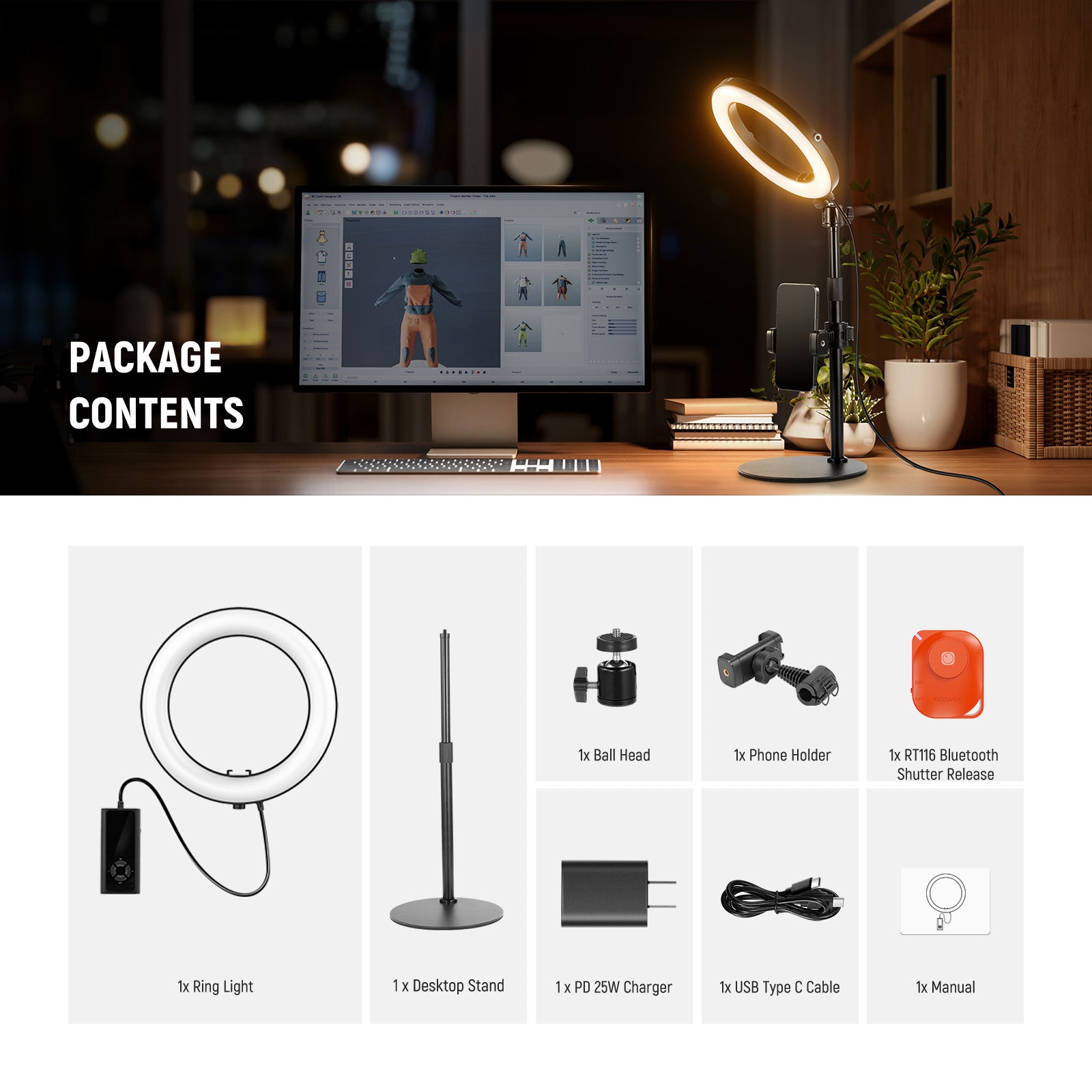 Package Contents of the NEEWER RH8B 8" Desk Ring Light Kit