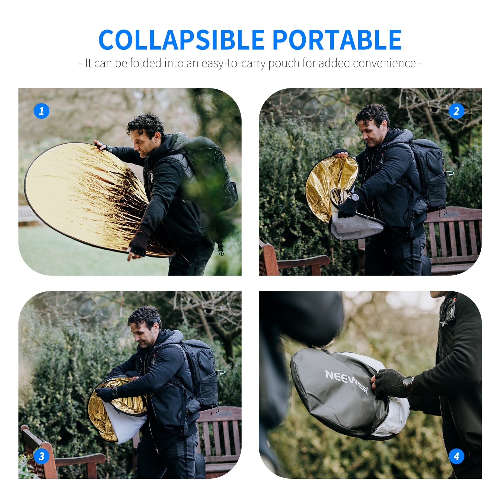 NEEWER 5-in-1 Collapsible Light Reflector is collapsible and portable.