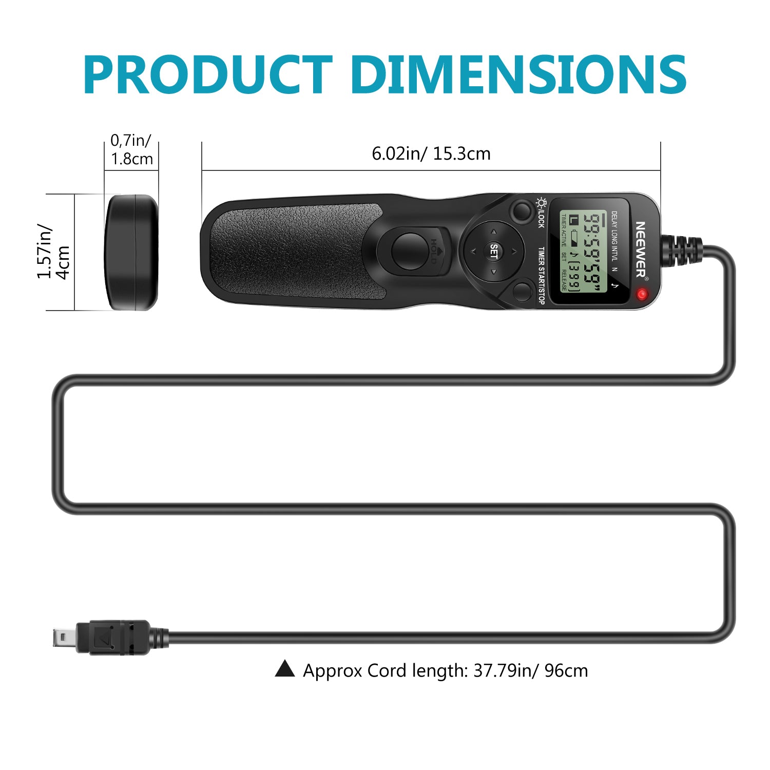 Product dimensions of the NEEWER Timer Remote Control for Nikon