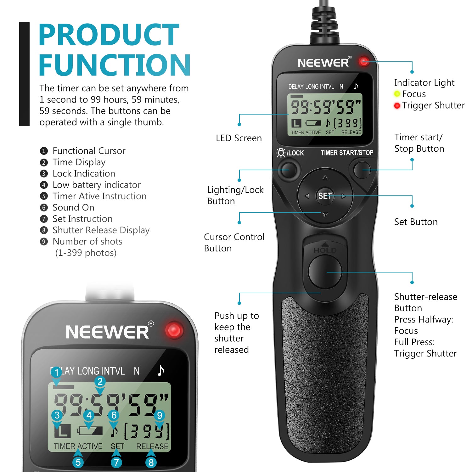Product functions of the NEEWER Digital Timer Remote