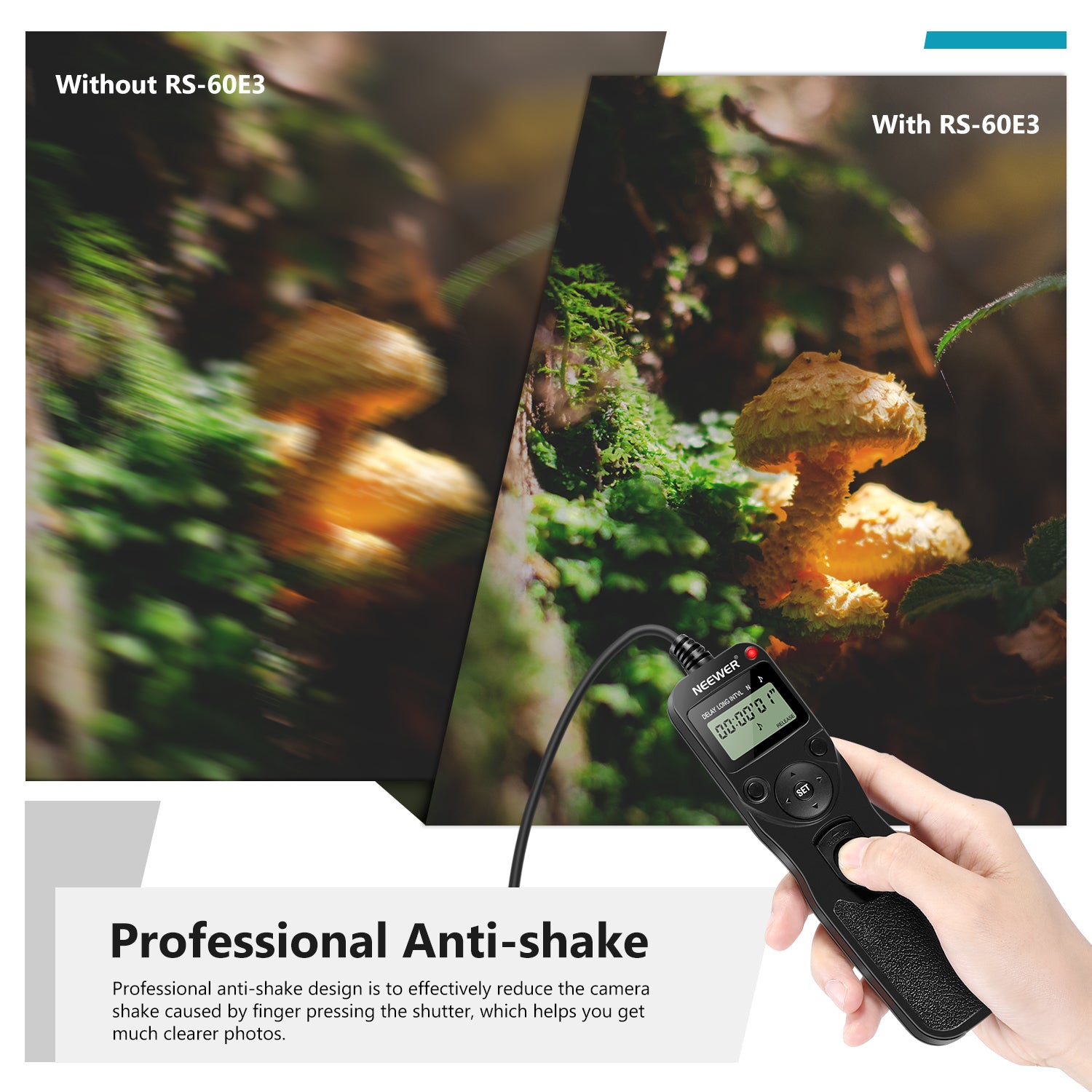 NEEWER Digital Timer Remote features an anti-shake design to reduce camera shake.