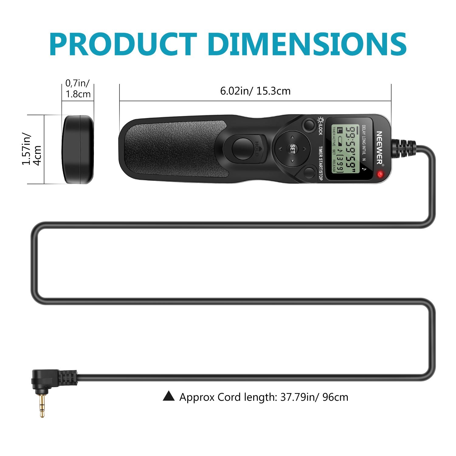 Product dimensions of the NEEWER Timer Remote Control for Canon/Contax/Pentax/Samsung