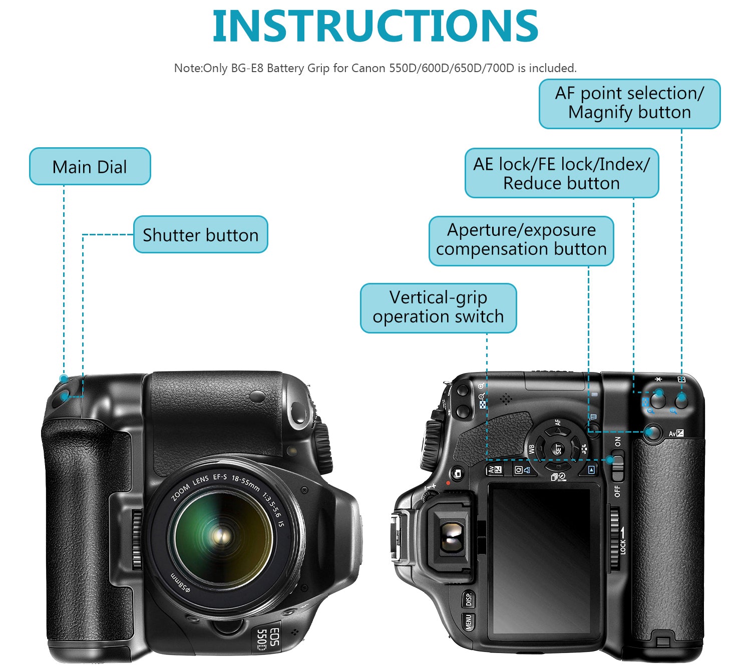 Product overview of the NEEWER BG-E8 Replacement Battery Grip