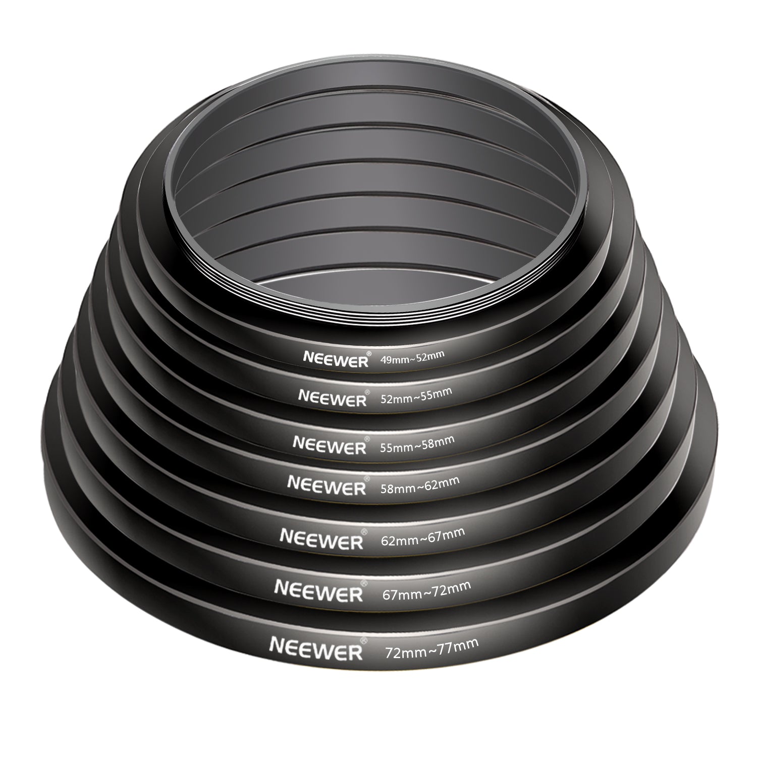 Neewer Step-up Filter Adapter Ring Set can easily screw onto the front of any lens