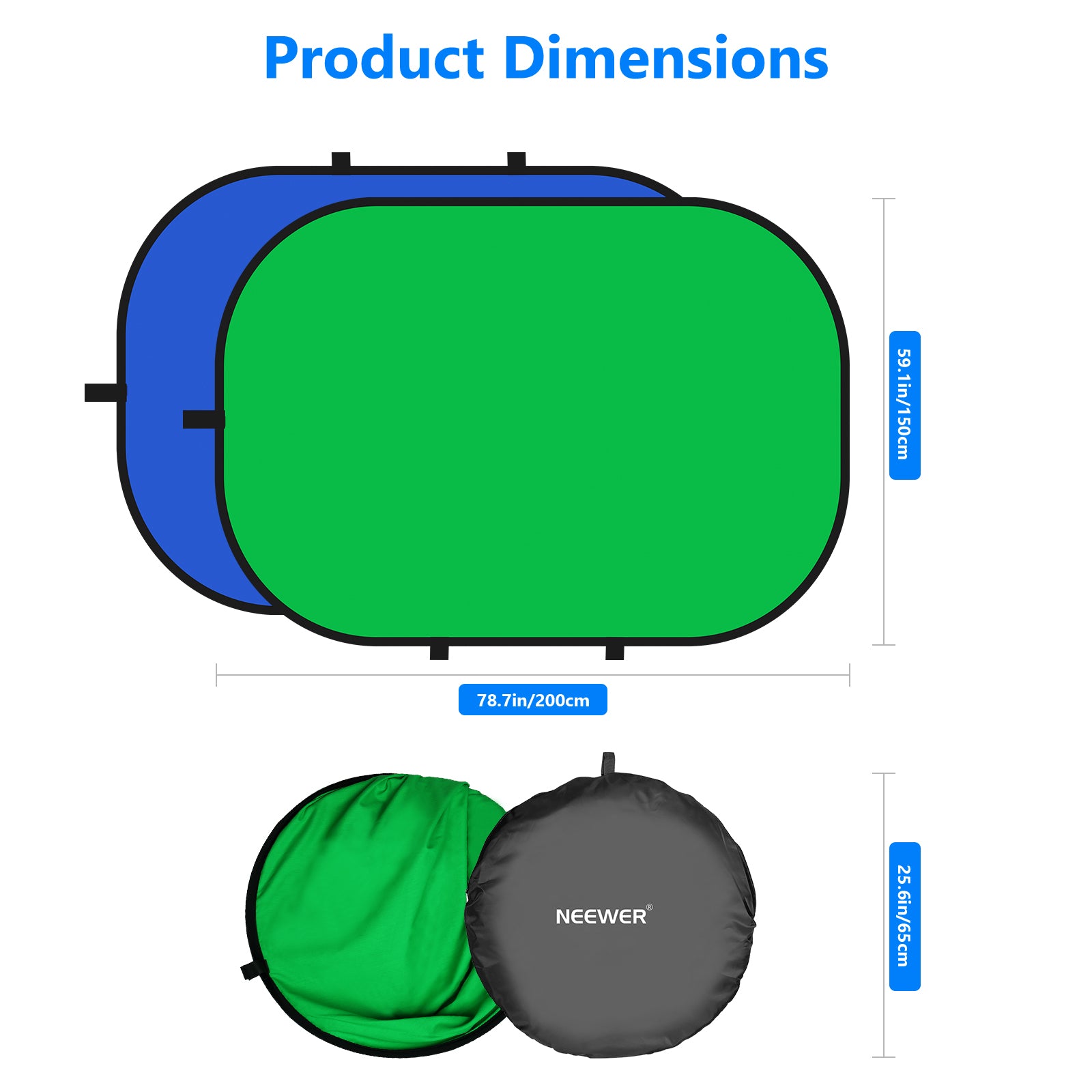 Product dimensions of the NEEWER 1.5x2M 2-in-1 Blue & Green Backdrop