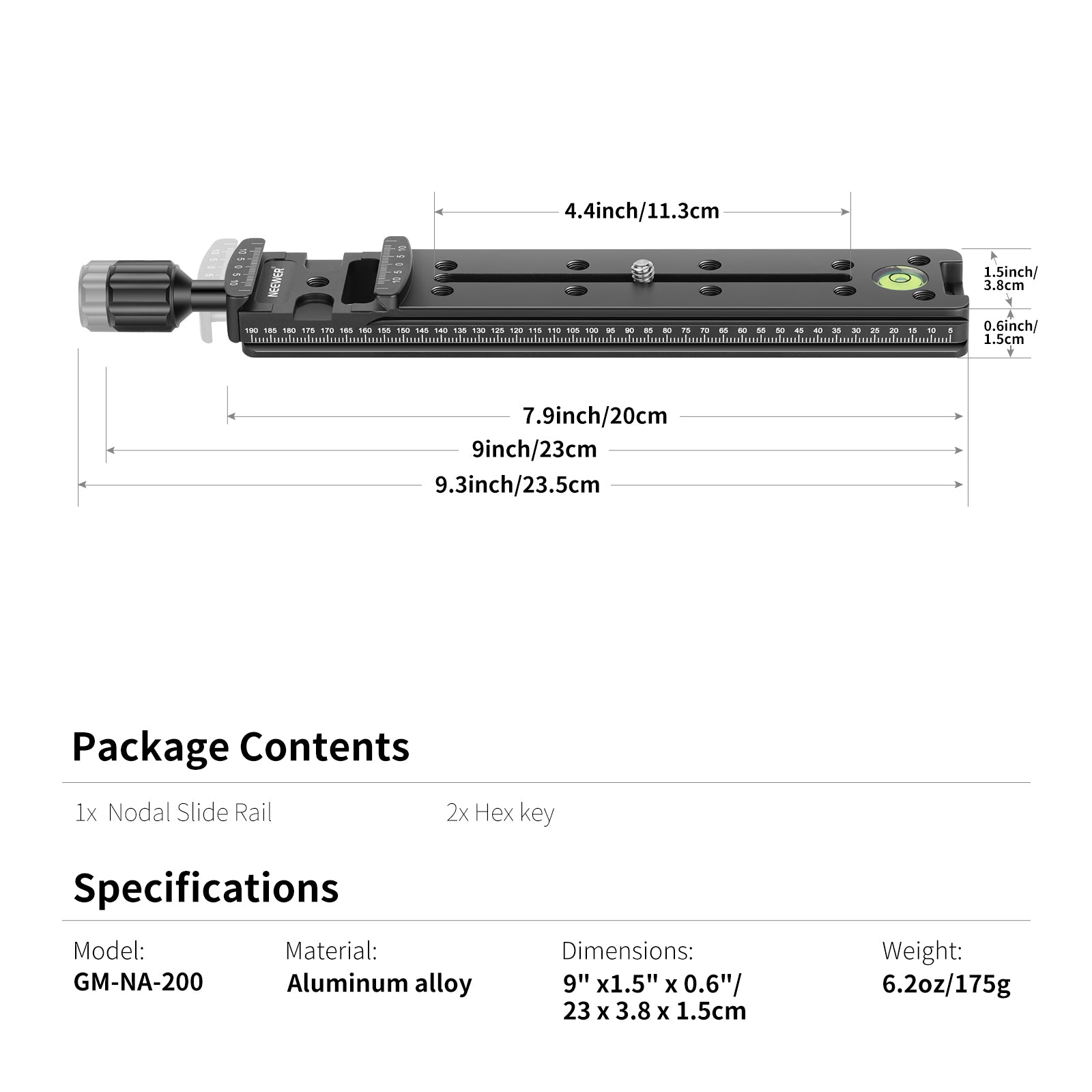 Specifications of the NEEWER 200mm Nodal Rail Slide
