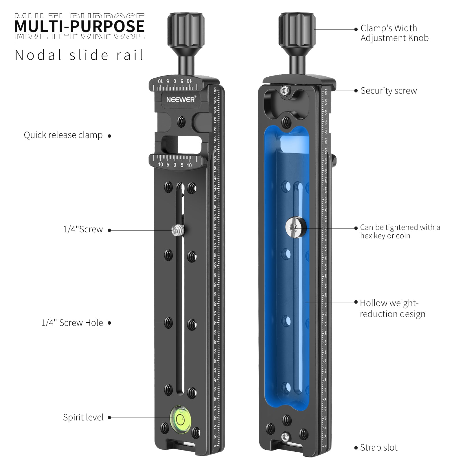 Multi-purpose rail nodal slide with standard screw-knob clamp