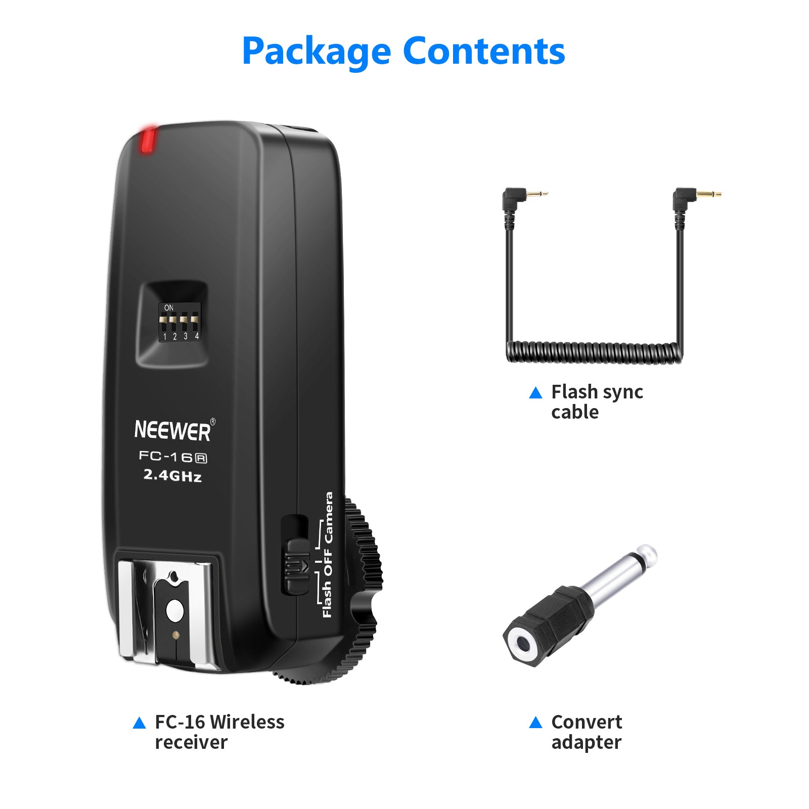 Package Contents of the NEEWER FC-16 Wireless Flash Receiver