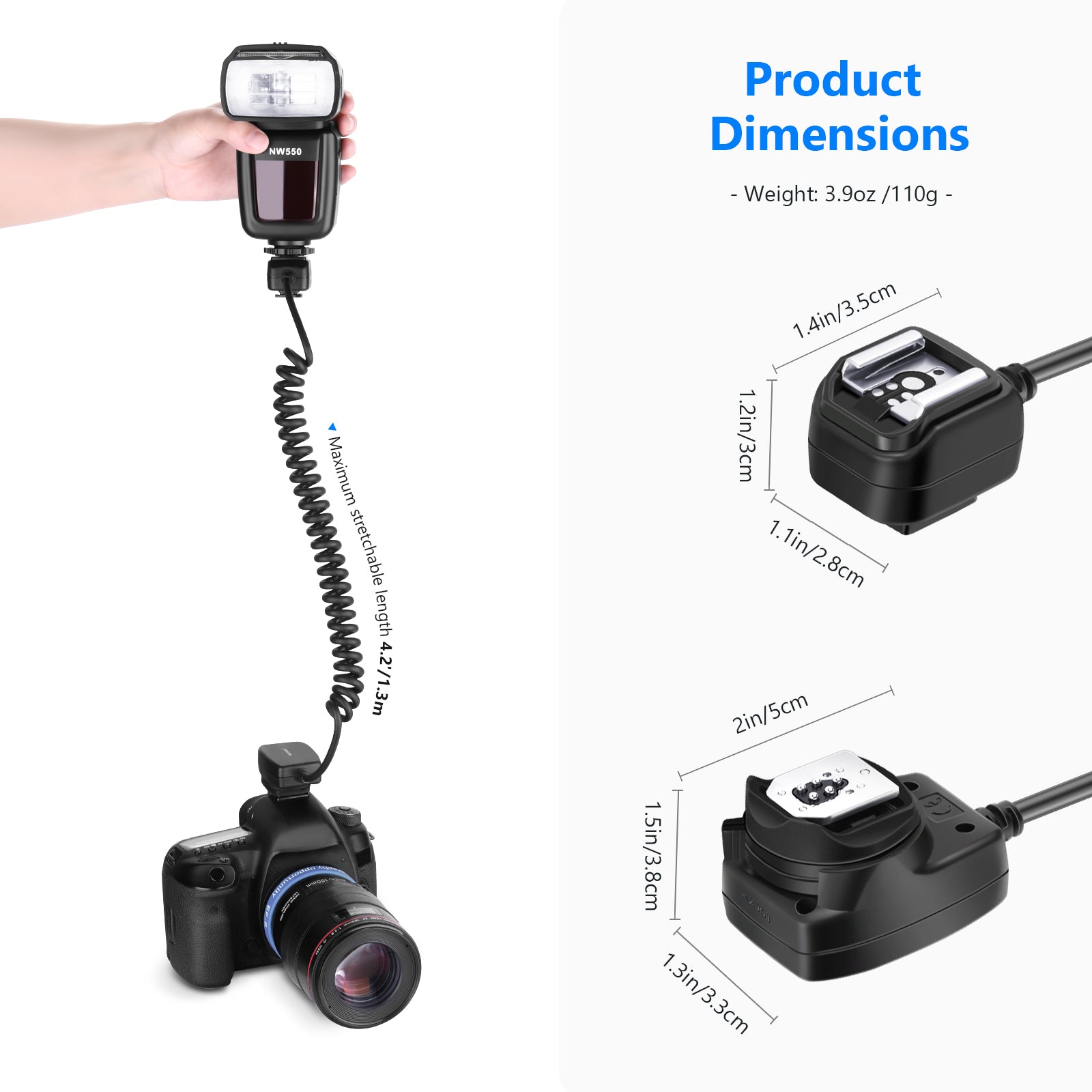 Product dimensions of the NEEWER 1.3m TTL Off Camera Flash Speedlite Cord For Canon