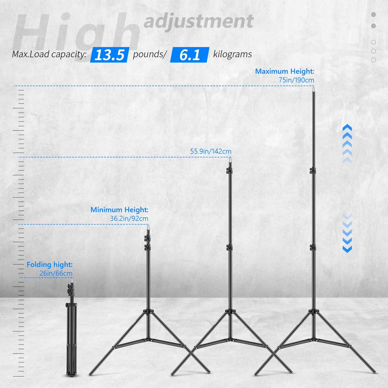 Height Adjustment Range of the NEEWER 190cm Foldable Metal Photography Light Stand
