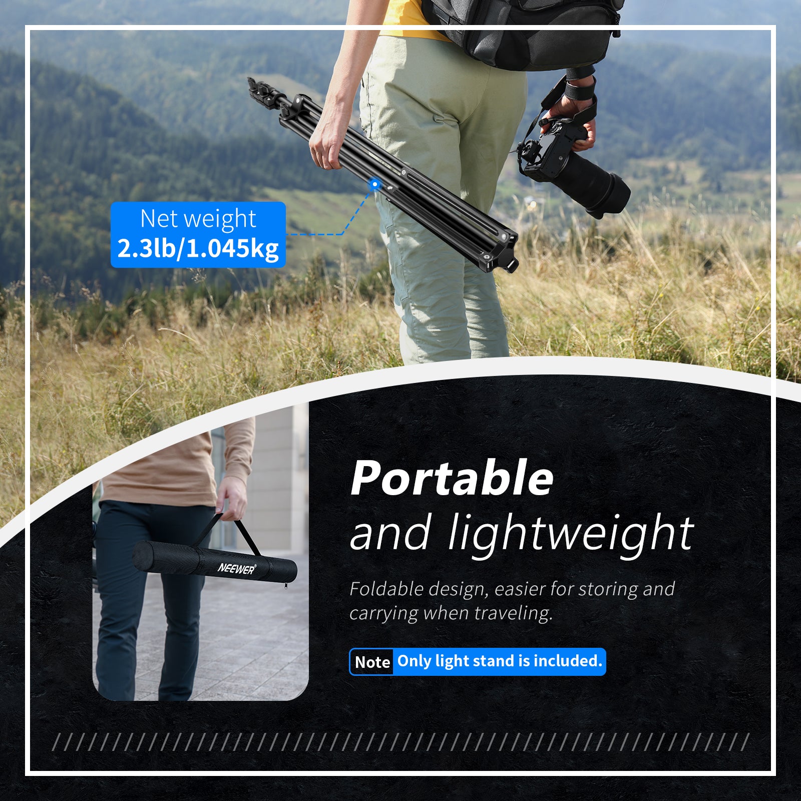NEEWER 190cm Foldable Metal Photography Light Stand is portable.