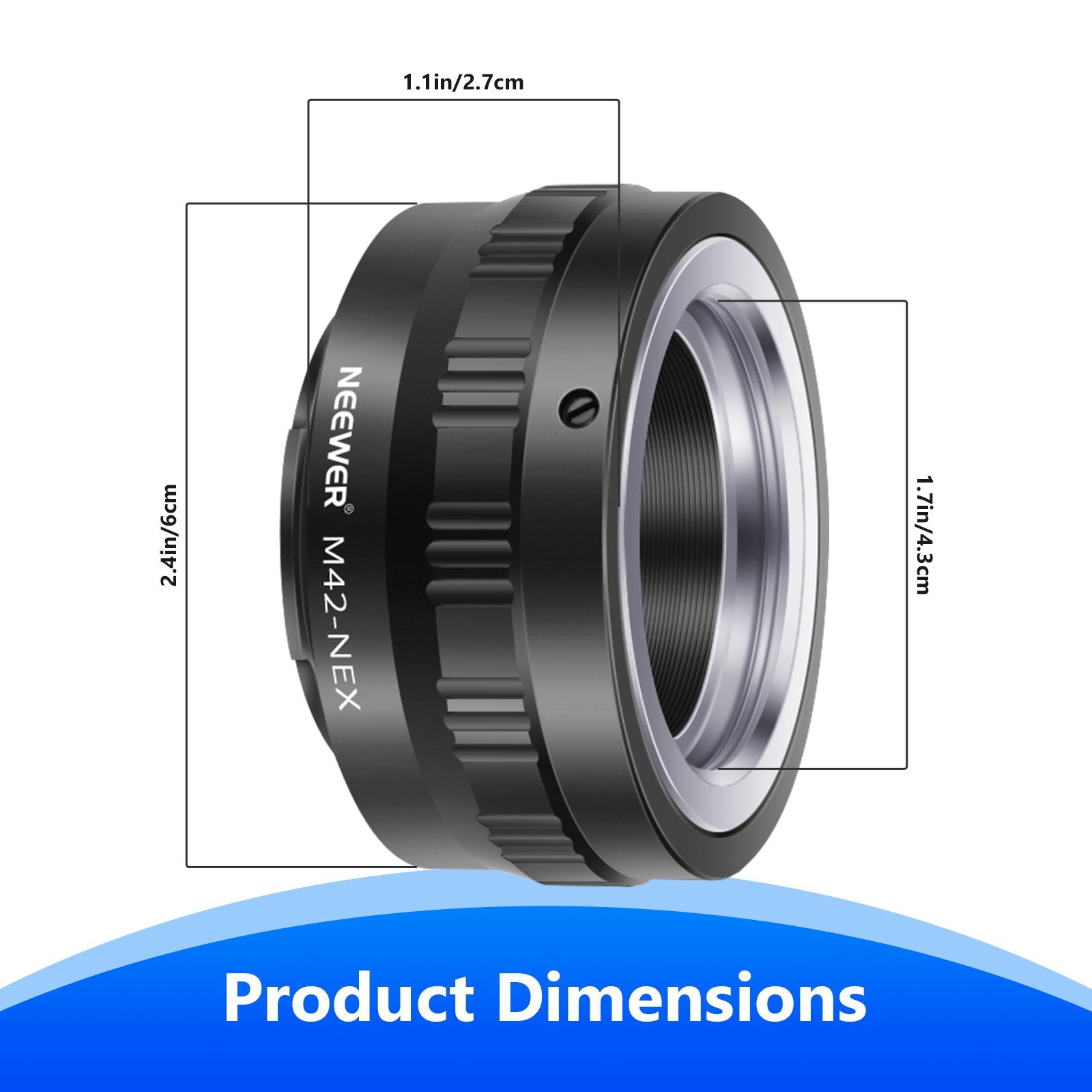 Product dimensions of the NEEWER M42 Screw Lens to Sony NEX E-Mount Camera Mount Adapter