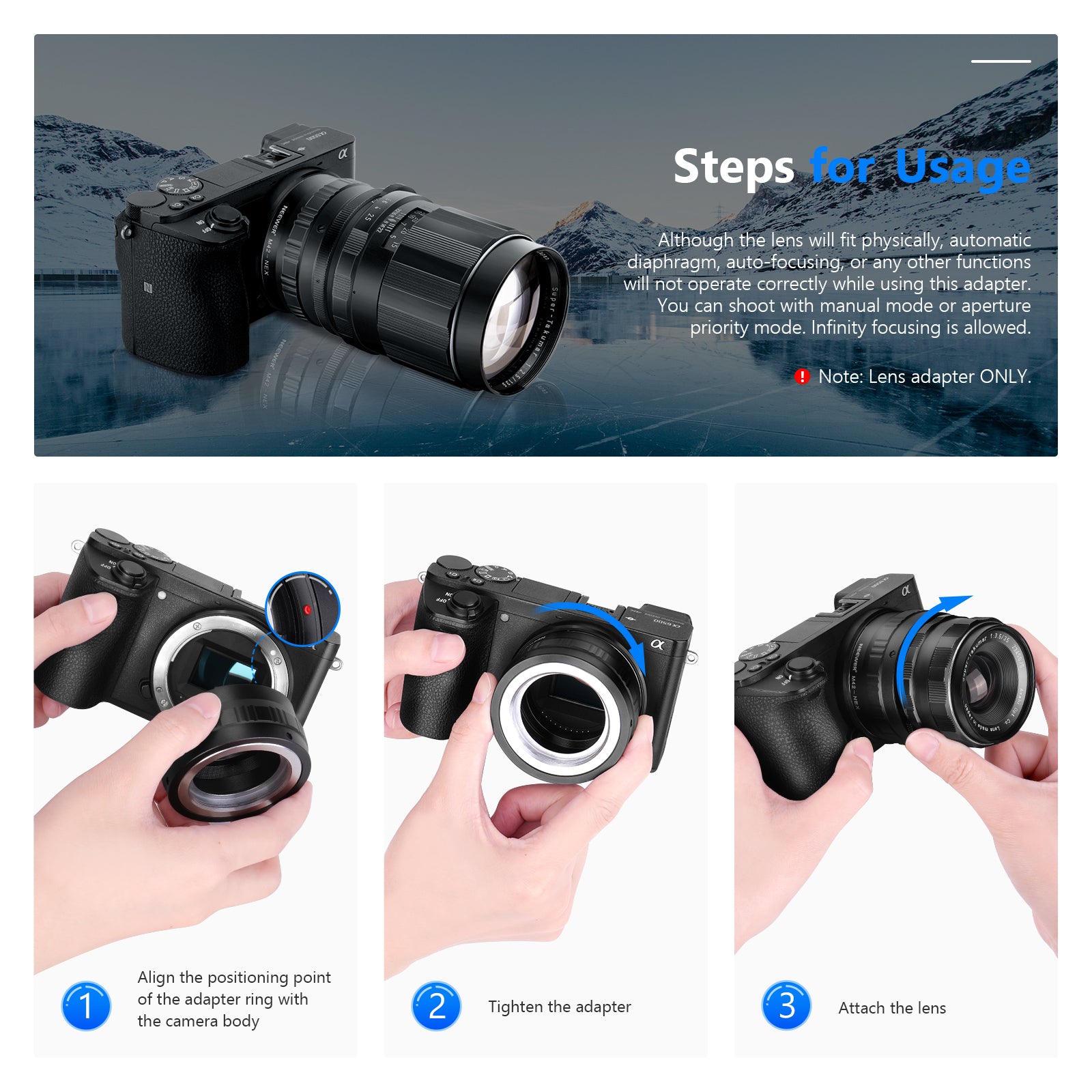 Steps for Using NEEWER M42 Screw Lens to Sony NEX E-Mount Camera Mount Adapter