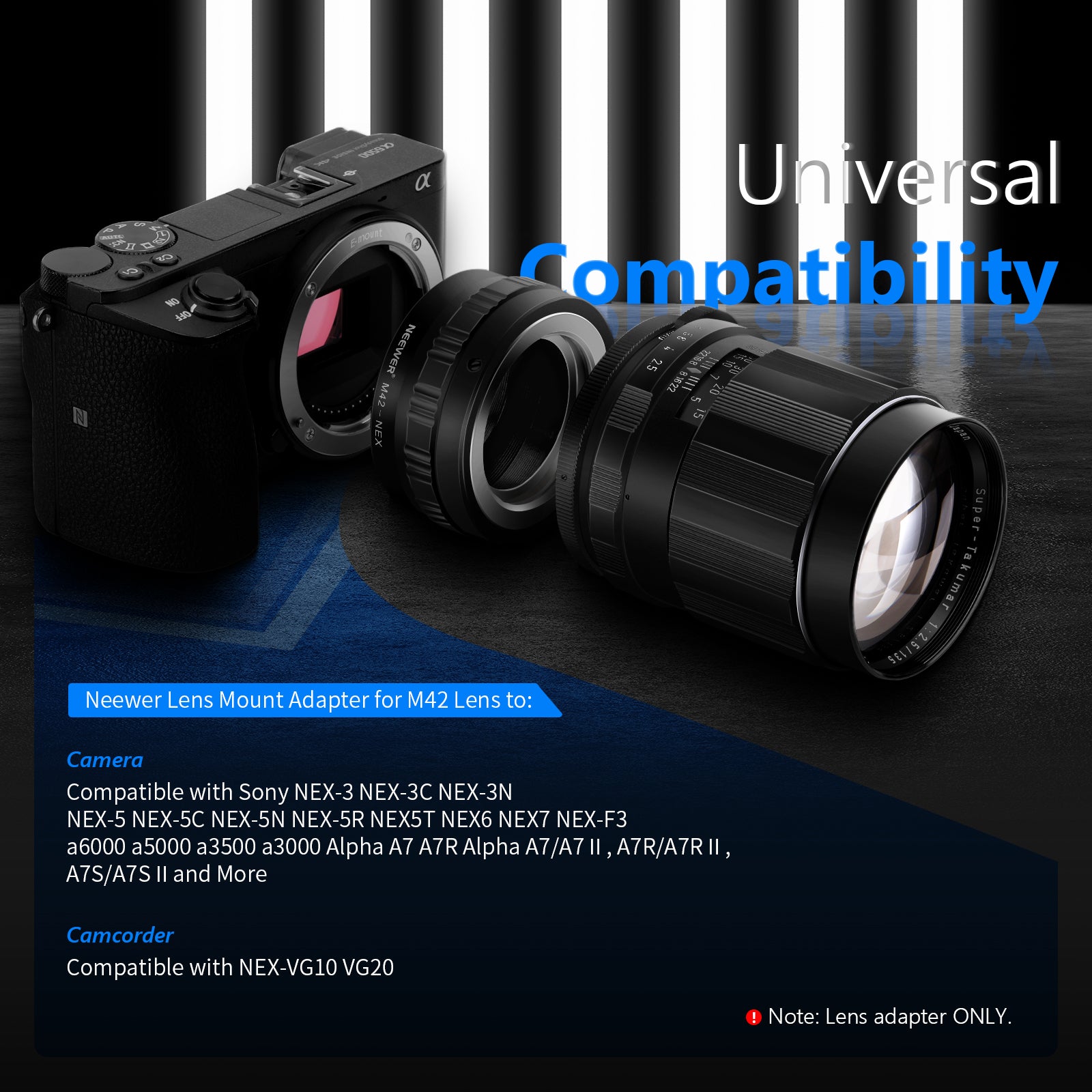 This lens adapter allows the M42 screw lens to fit on Sony NEX E-Mount Camera Body