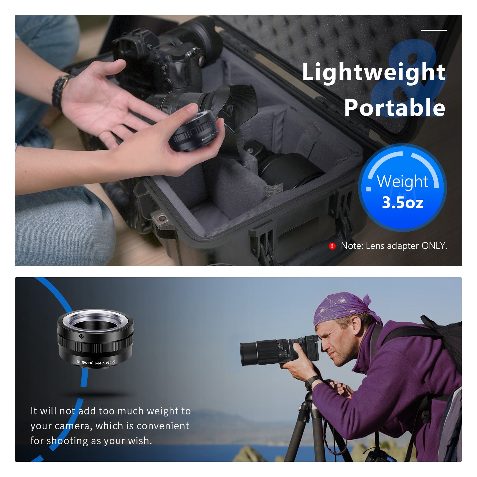 NEEWER M42 Screw Lens to Sony NEX E-Mount Camera Mount Adapter is lightweight and portable.