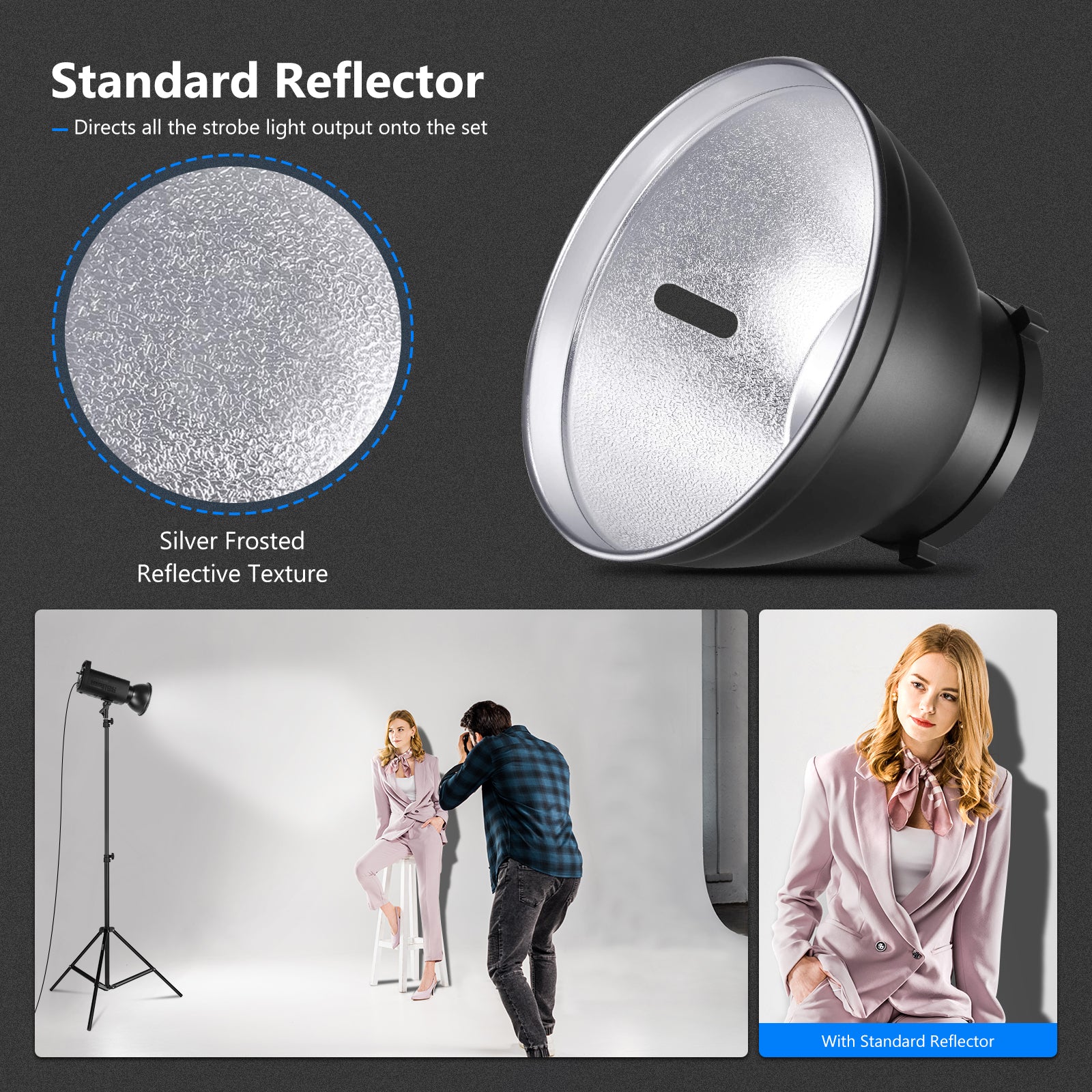The reflector directs all the strobe light output onto the set