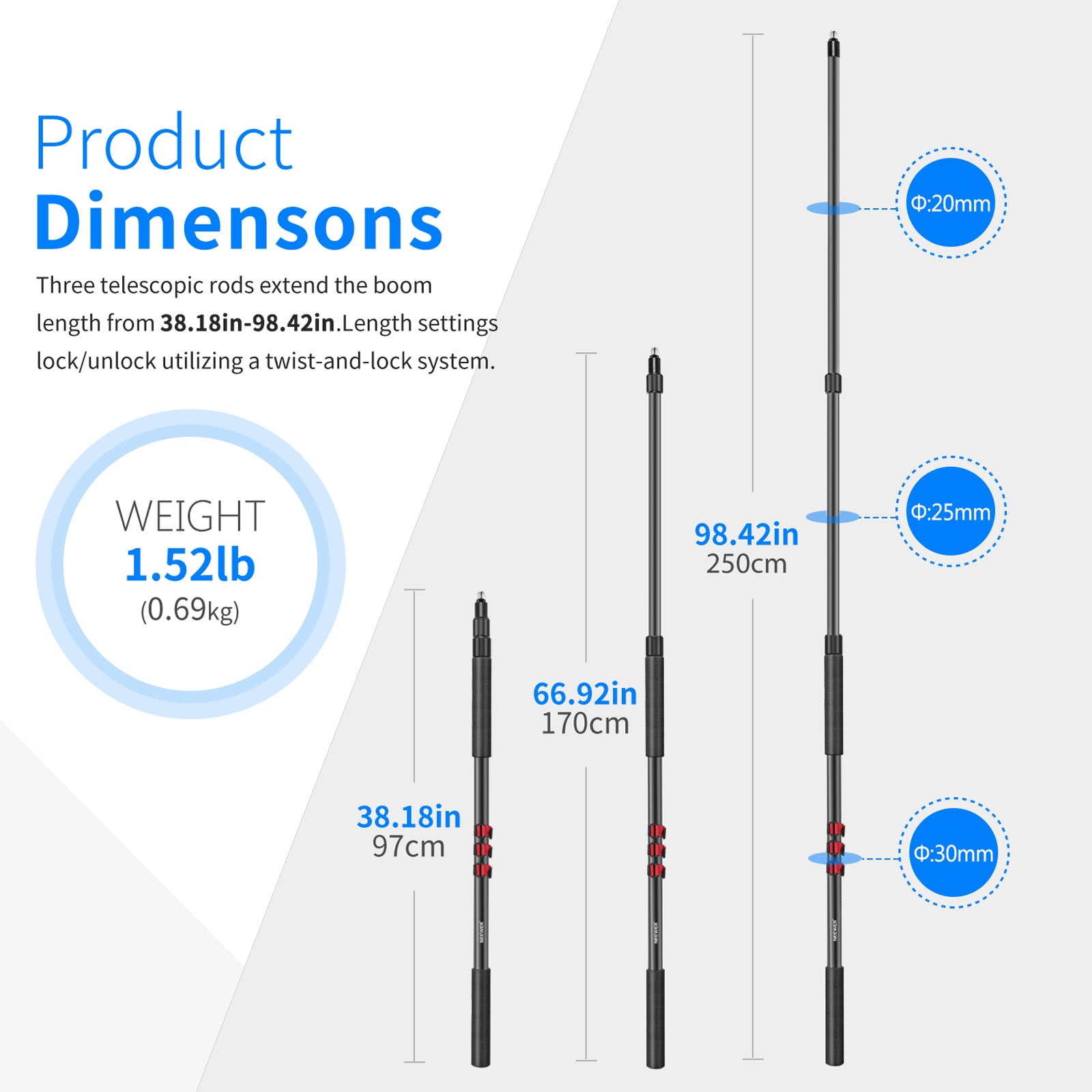Product dimensions of the NEEWER NW-7000 Stretchable Handheld Microphone Boom Pole