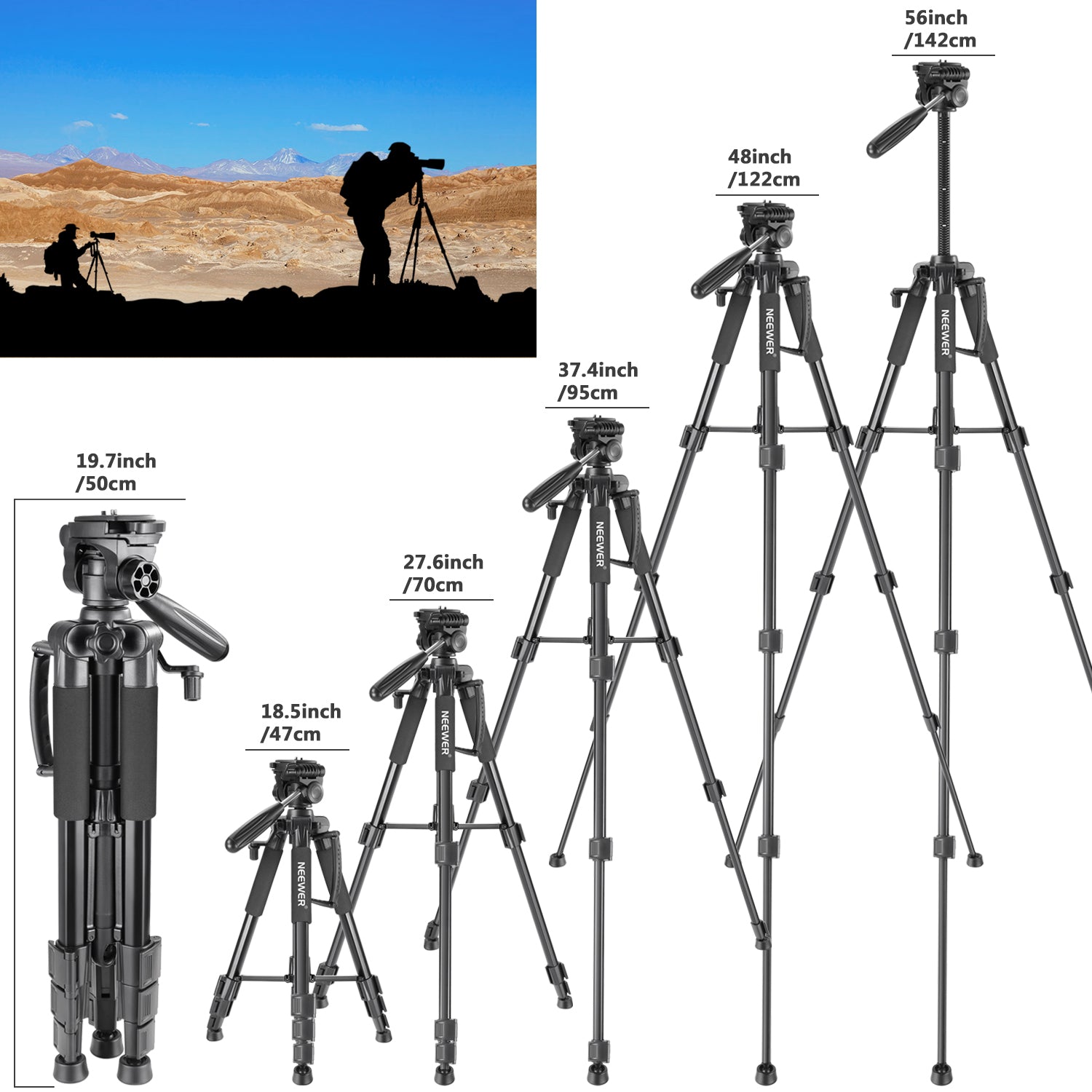 NEEWER Aluminum Camera Tripod can be extended from 18.5" to 56"