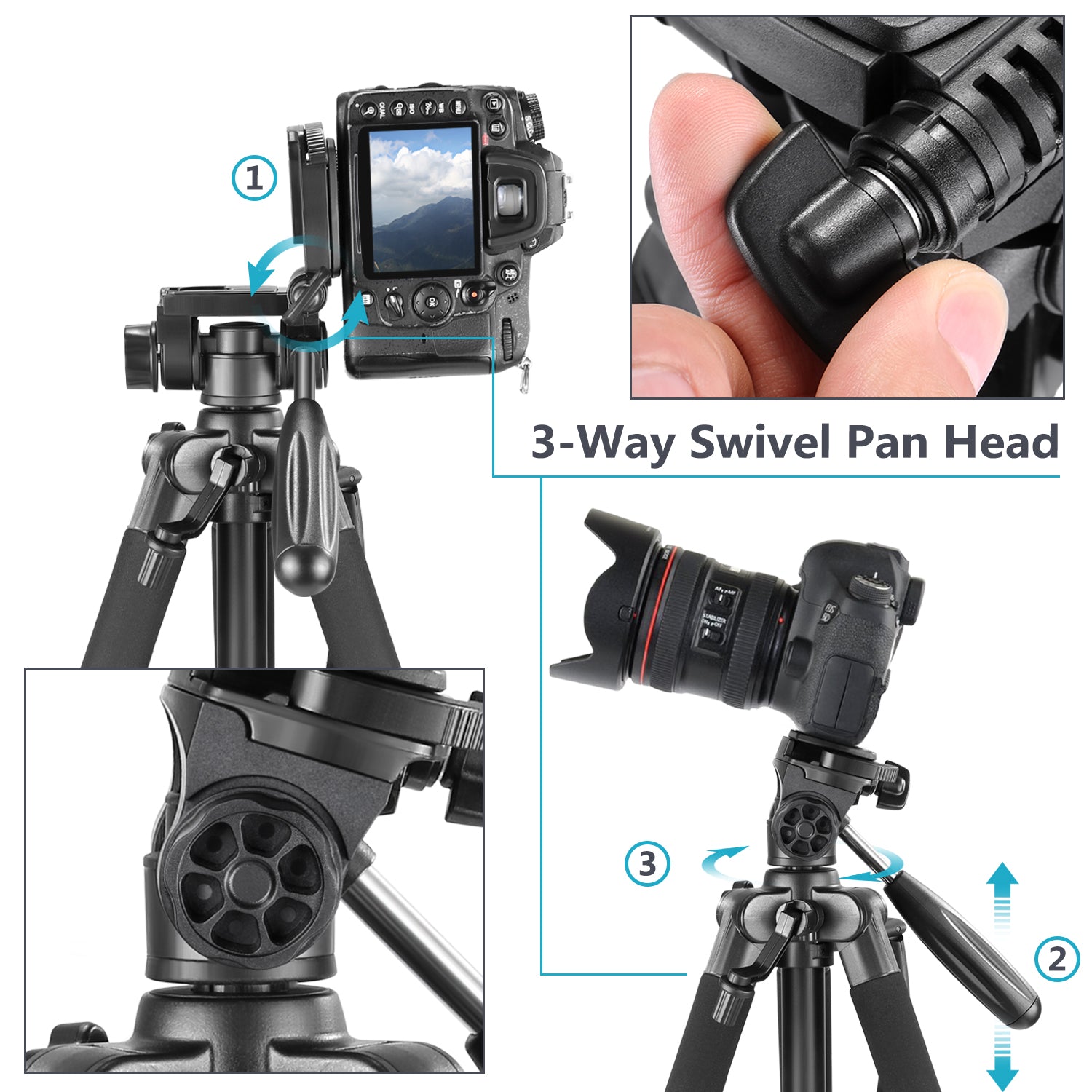 This NEEWER Aluminum Camera Tripod features a 3-way swivel pan head.