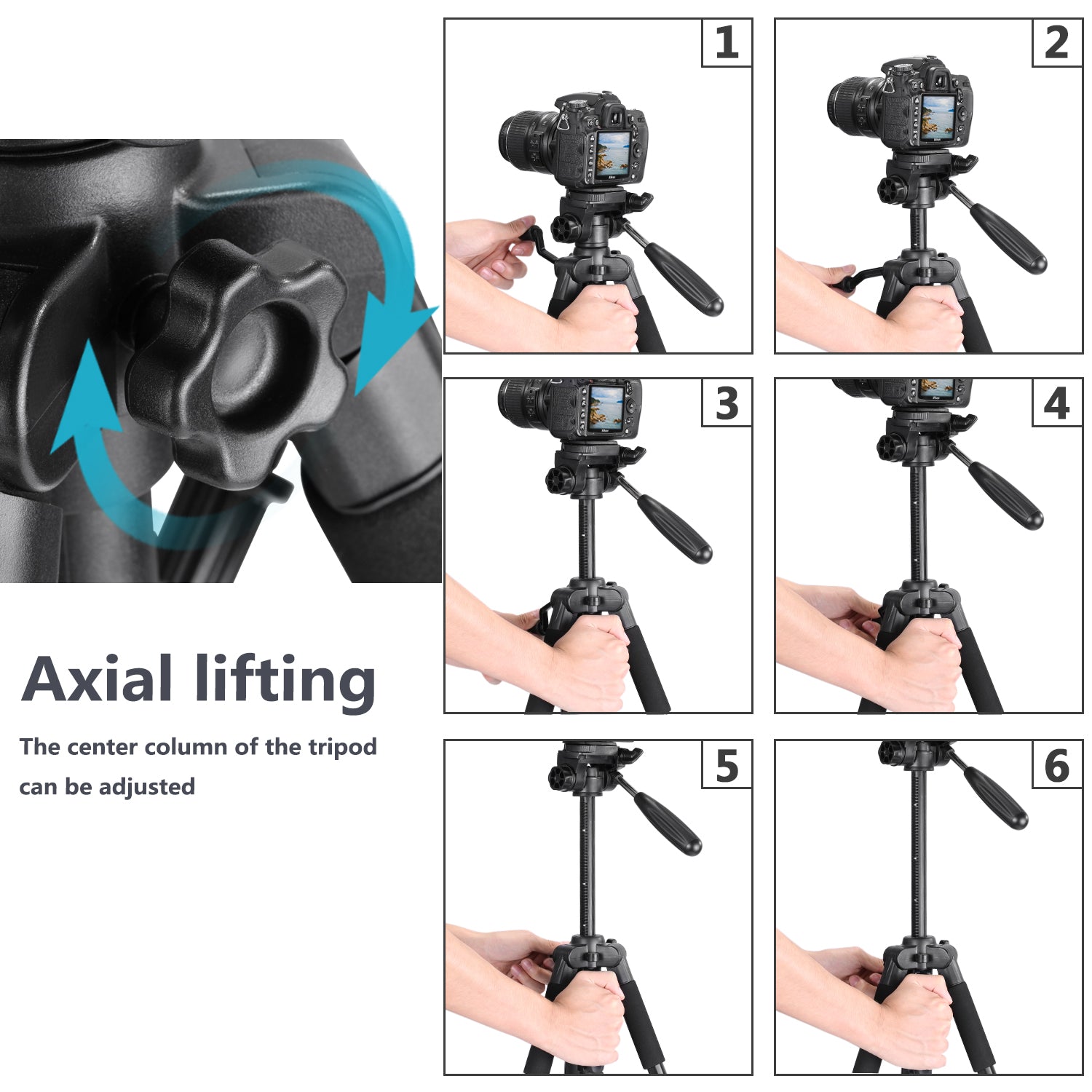 The center column of the NEEWER Aluminum Camera Tripod can be adjusted.