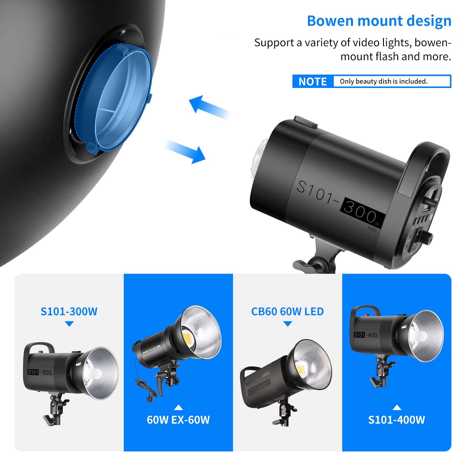 NEEWER Aluminum Beauty Dish supports a variety of Bowen-mount flash.