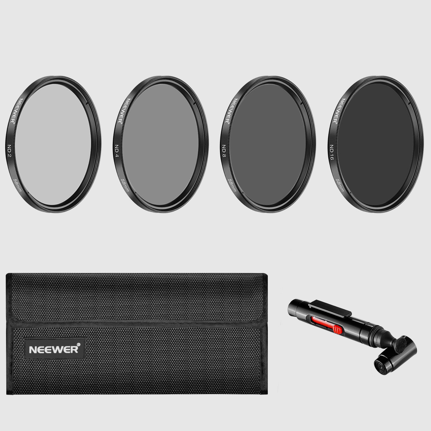This kit includes four neutral density filters, a lens cleaning pen, a cleaning cloth, and a filter pouch.